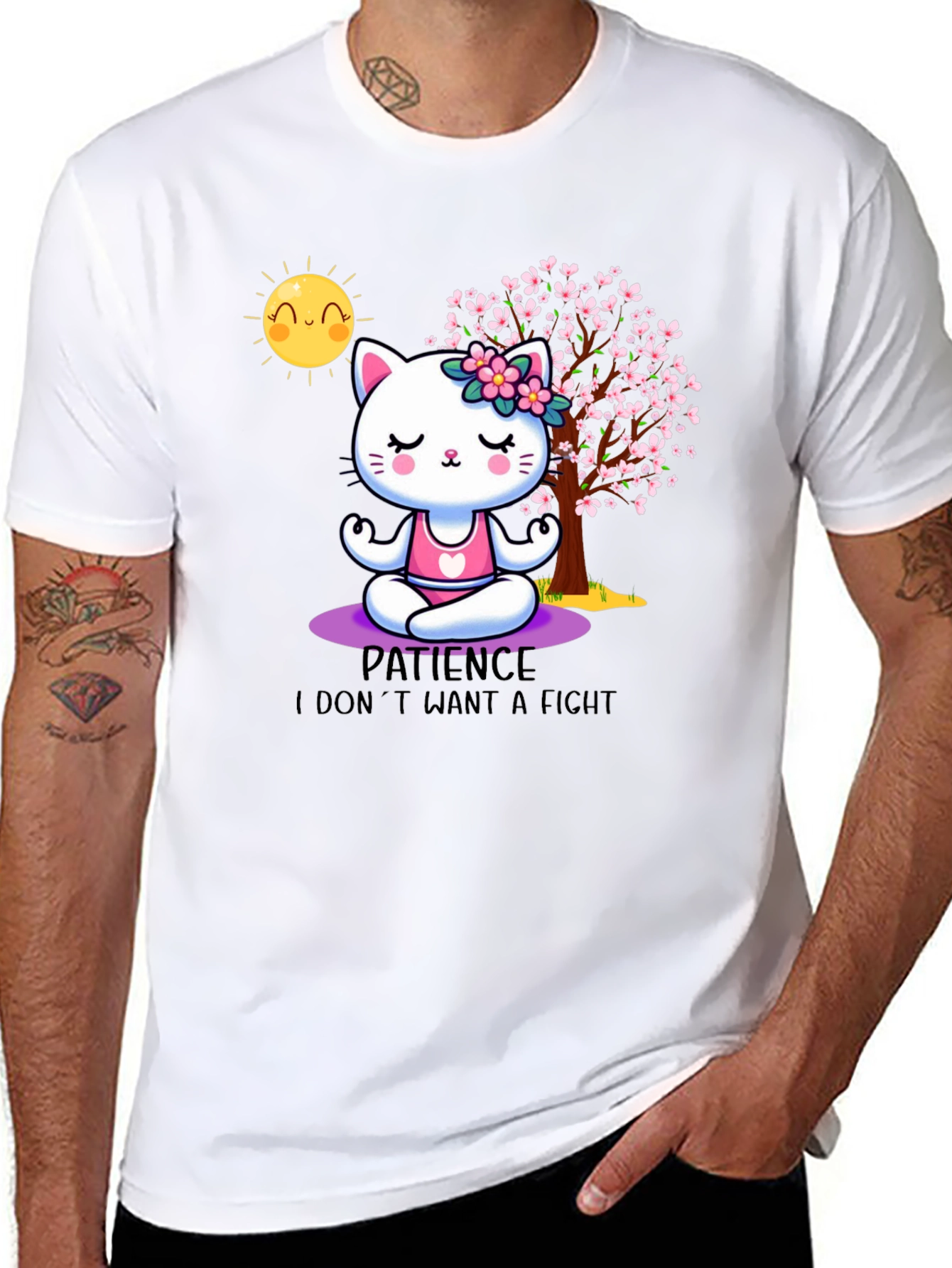 Zen Cat Patience T-Shirt - Meditating Feline Design