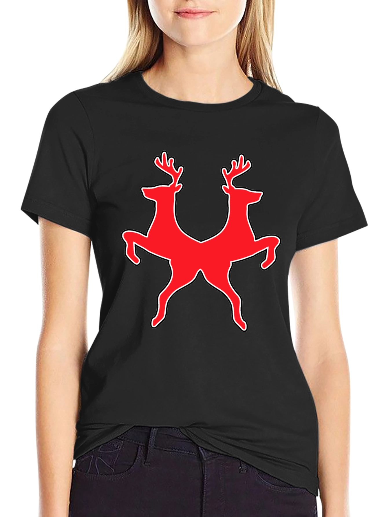 Deer Duo Graphic Tee - Black Cotton Blend Shirt
