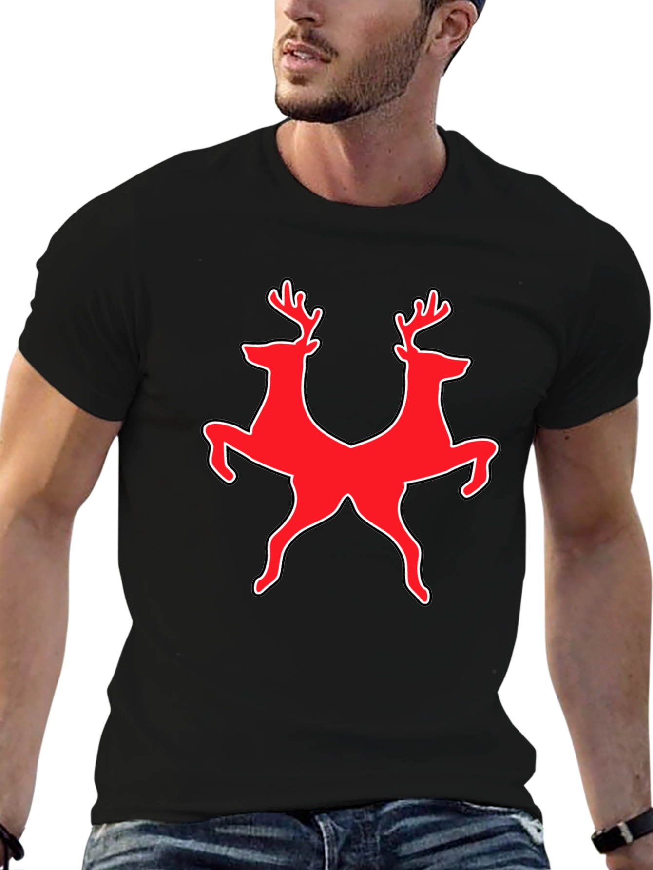 Deer Duo Graphic Tee - Black Cotton Blend Shirt