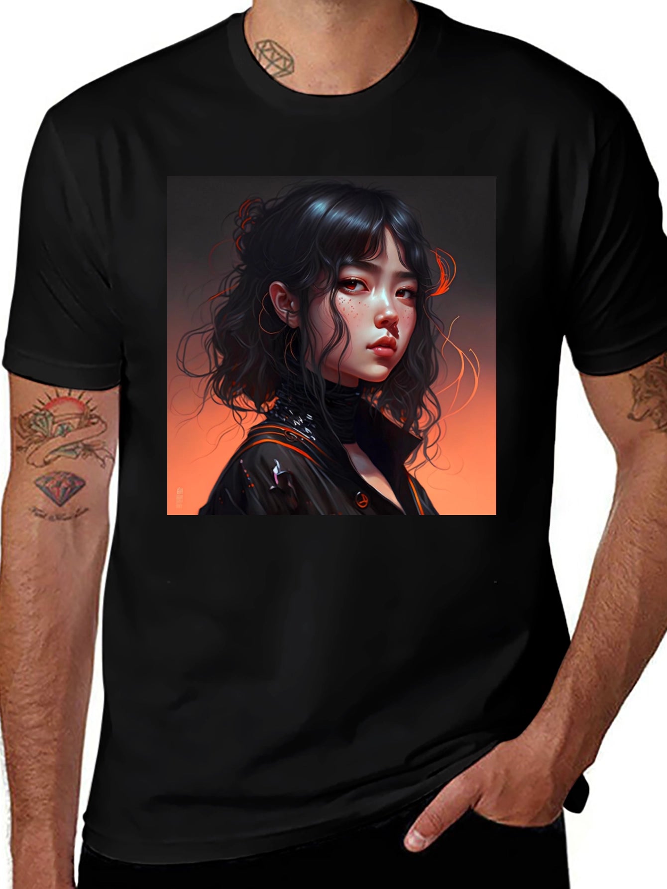 Artistic Anime Girl Graphic Black T-Shirt