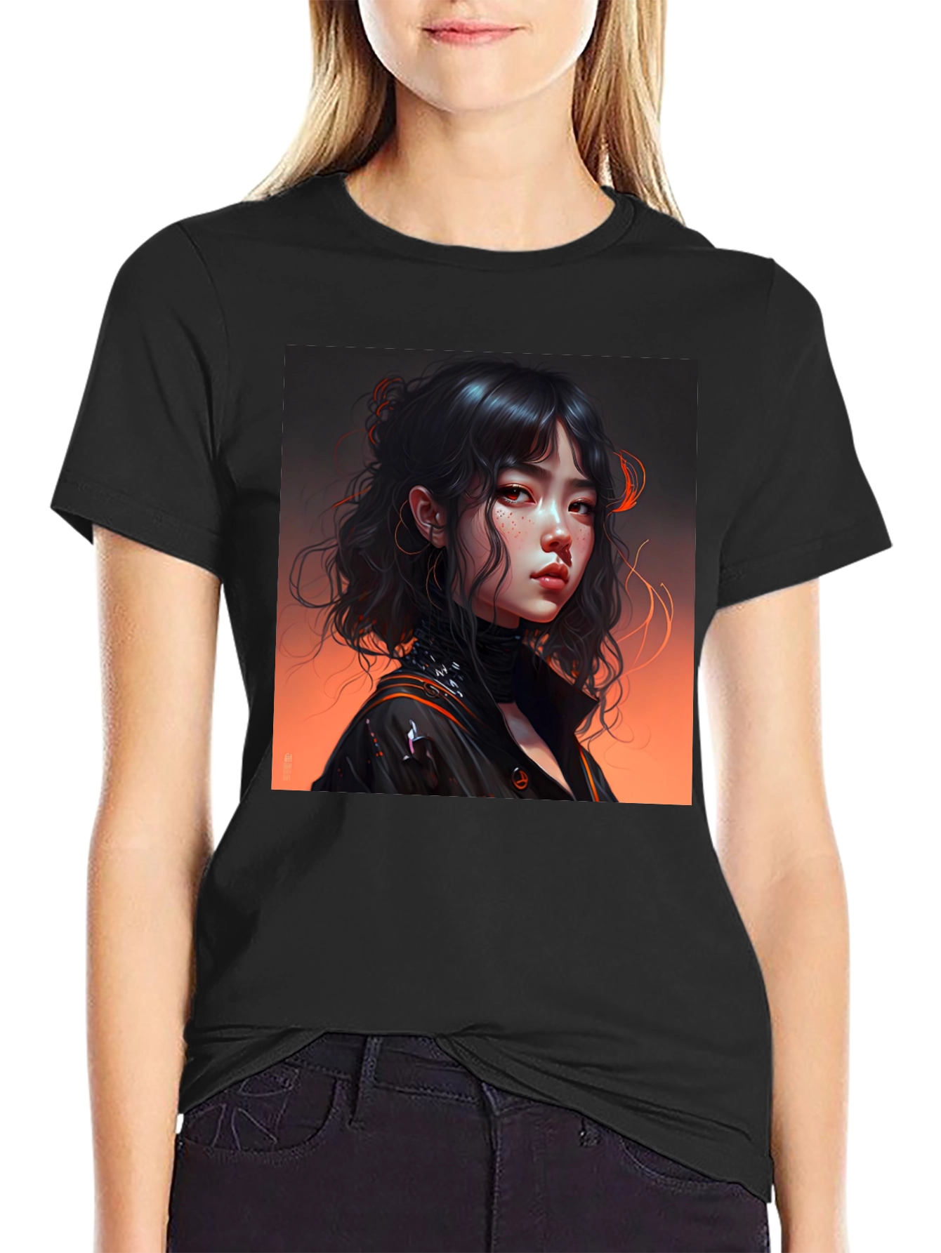 Artistic Anime Girl Graphic Black T-Shirt