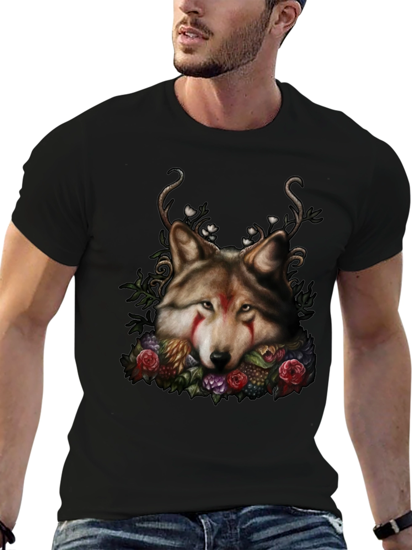 Wolf Floral Black T-Shirt