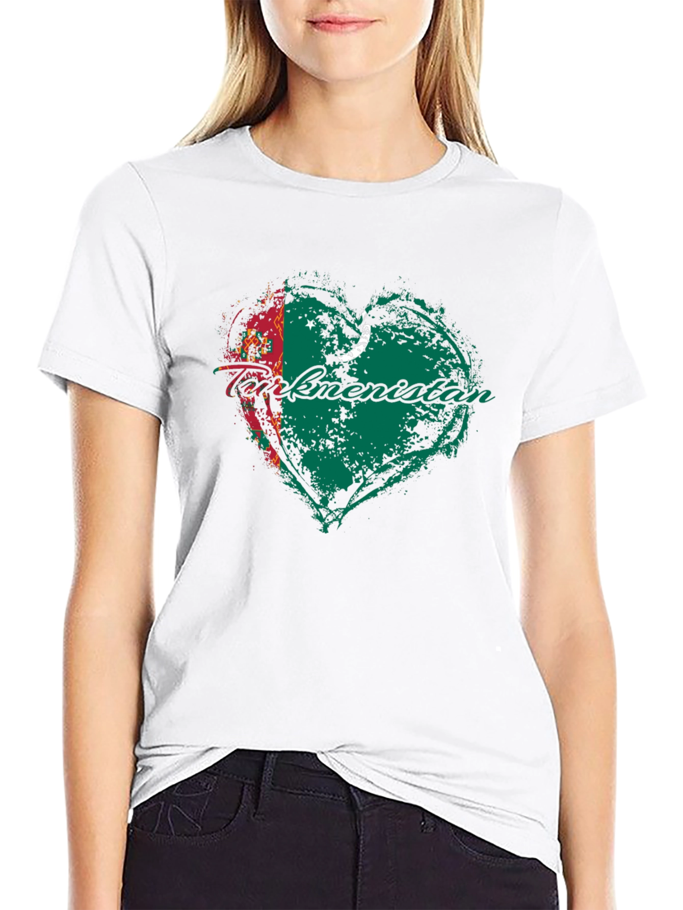 Turkmenistan Flag Heart T-Shirt Black Cotton Crew Neck