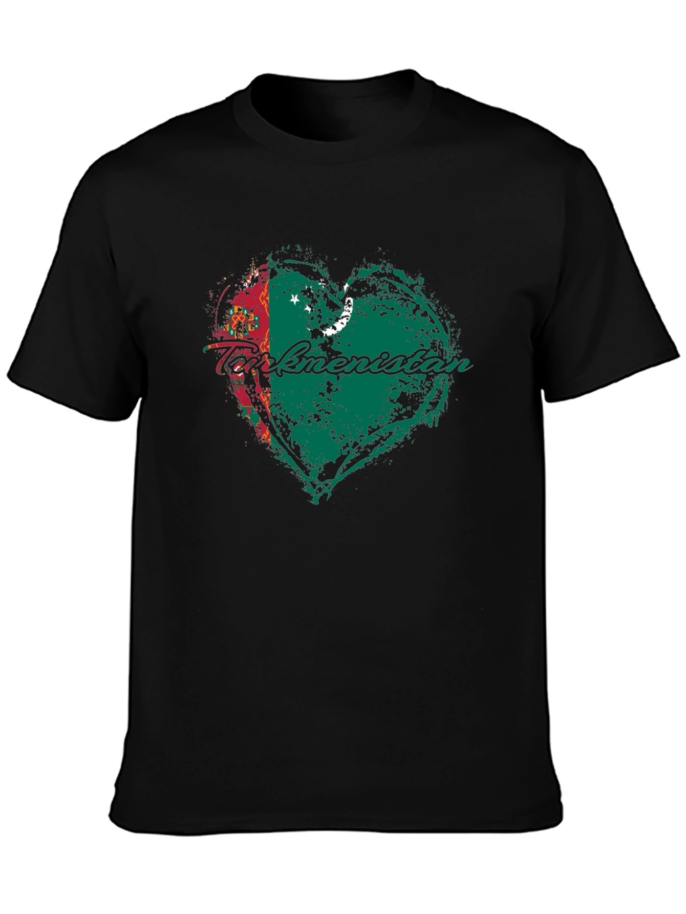 Turkmenistan Flag Heart T-Shirt Black Cotton Crew Neck