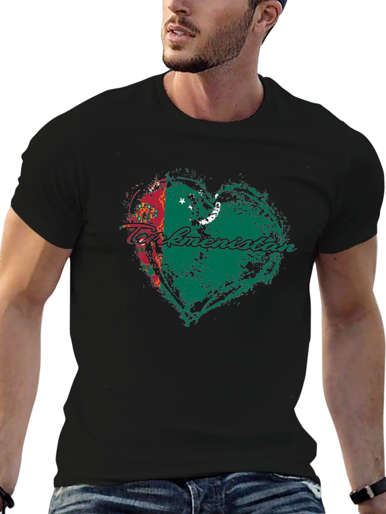 Turkmenistan Flag Heart T-Shirt Black Cotton Crew Neck
