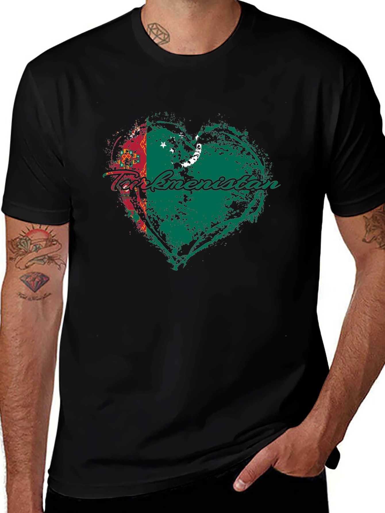 Turkmenistan Flag Heart T-Shirt Black Cotton Crew Neck