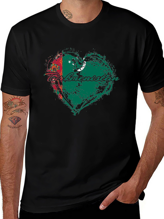 Turkmenistan Flag Heart T-Shirt Black Cotton Crew Neck