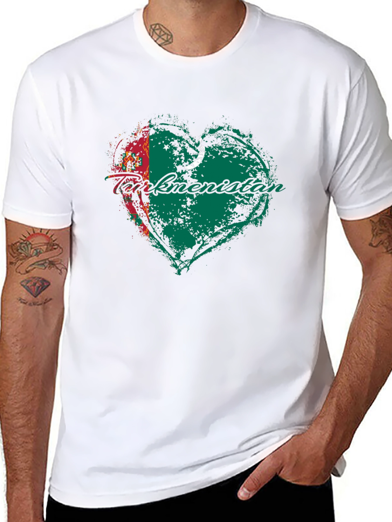 Turkmenistan Flag Heart T-Shirt Black Cotton Crew Neck
