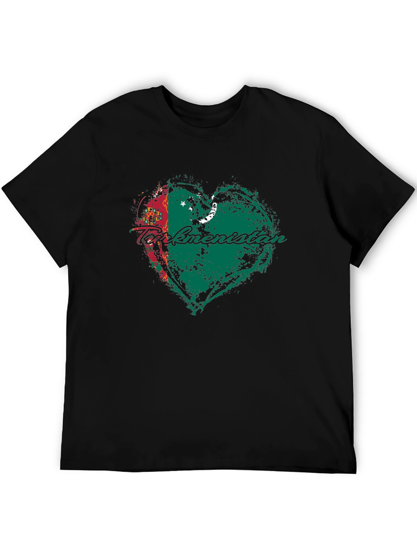 Turkmenistan Flag Heart T-Shirt Black Cotton Crew Neck