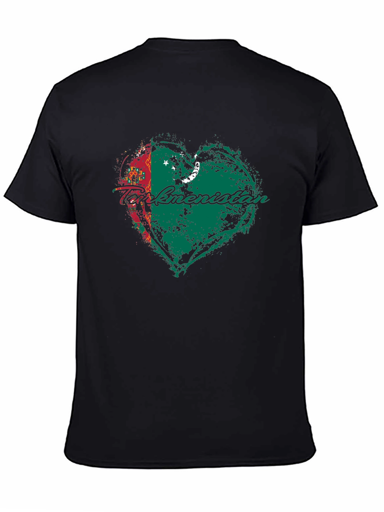 Turkmenistan Flag Heart T-Shirt Black Cotton Crew Neck