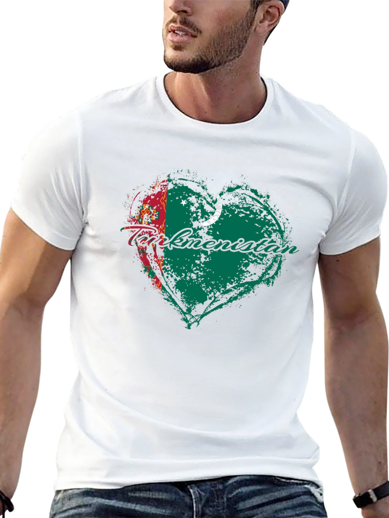 Turkmenistan Flag Heart T-Shirt Black Cotton Crew Neck