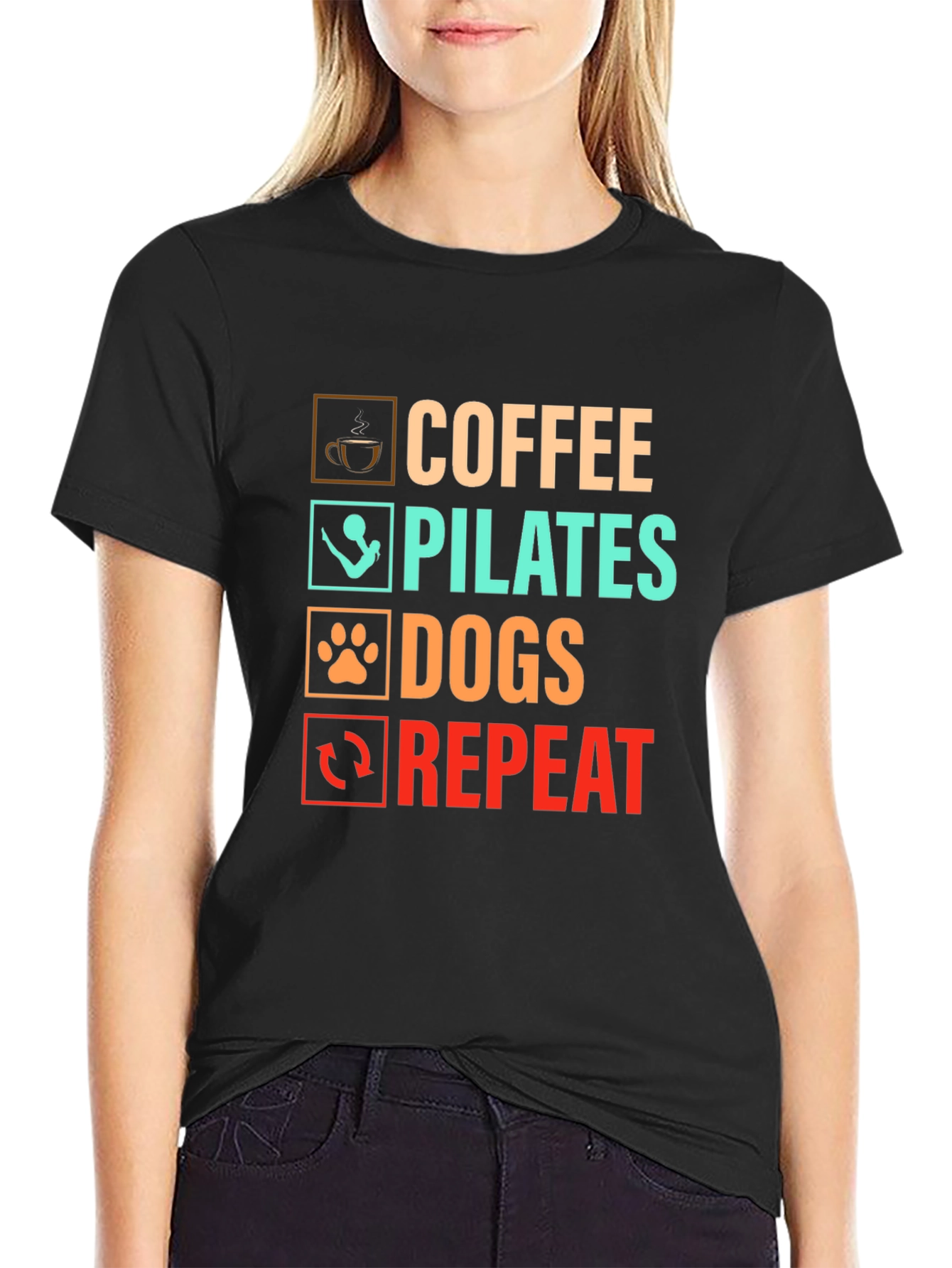 Coffee Pilates Dogs Repeat Graphic T-Shirt