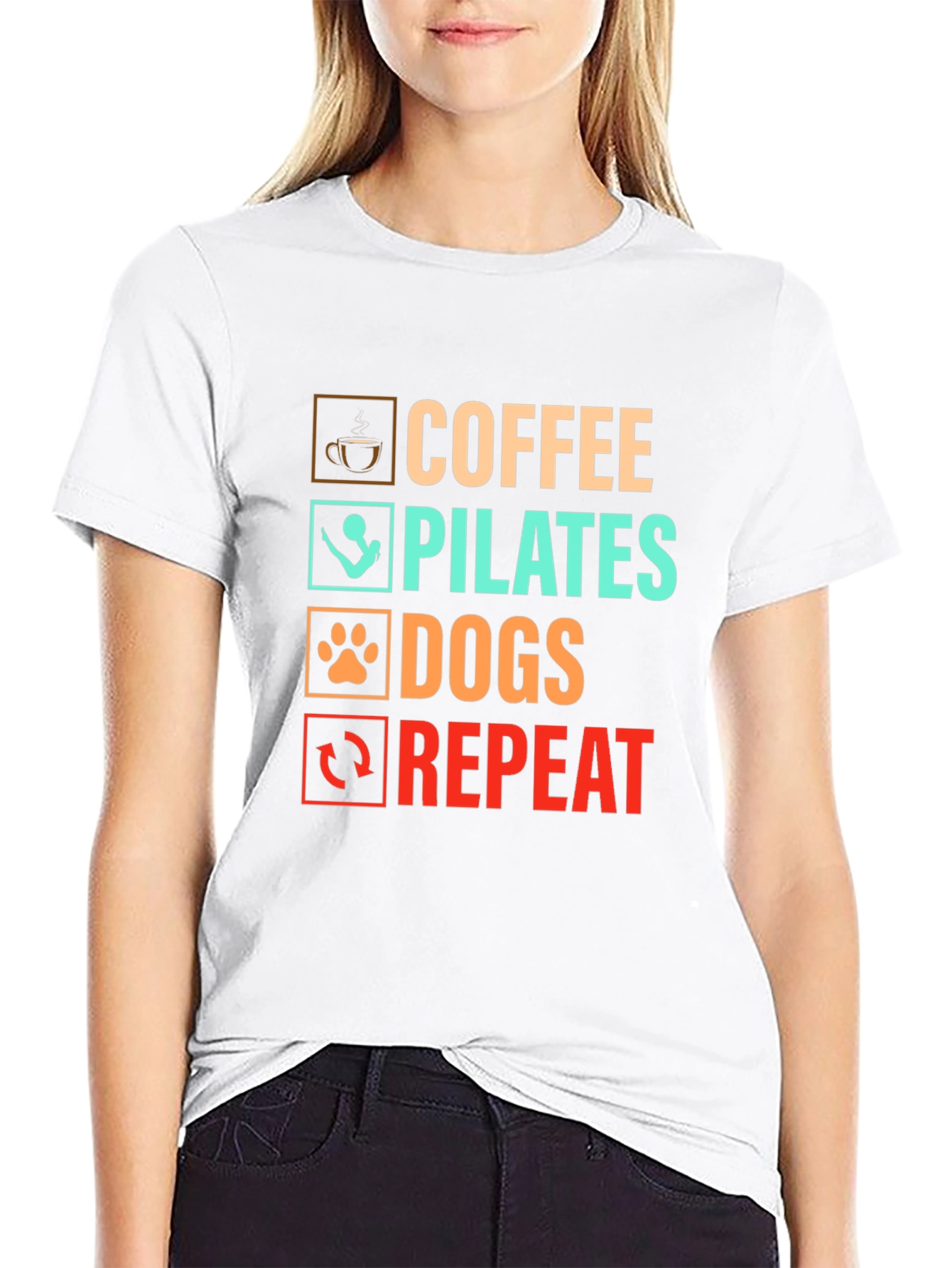 Coffee Pilates Dogs Repeat Graphic T-Shirt