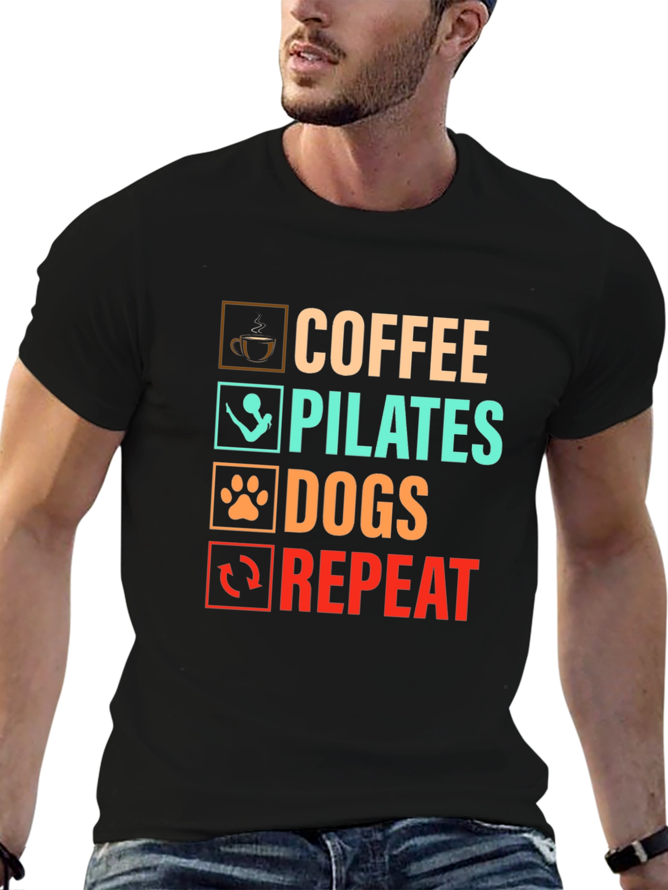 Coffee Pilates Dogs Repeat Graphic T-Shirt