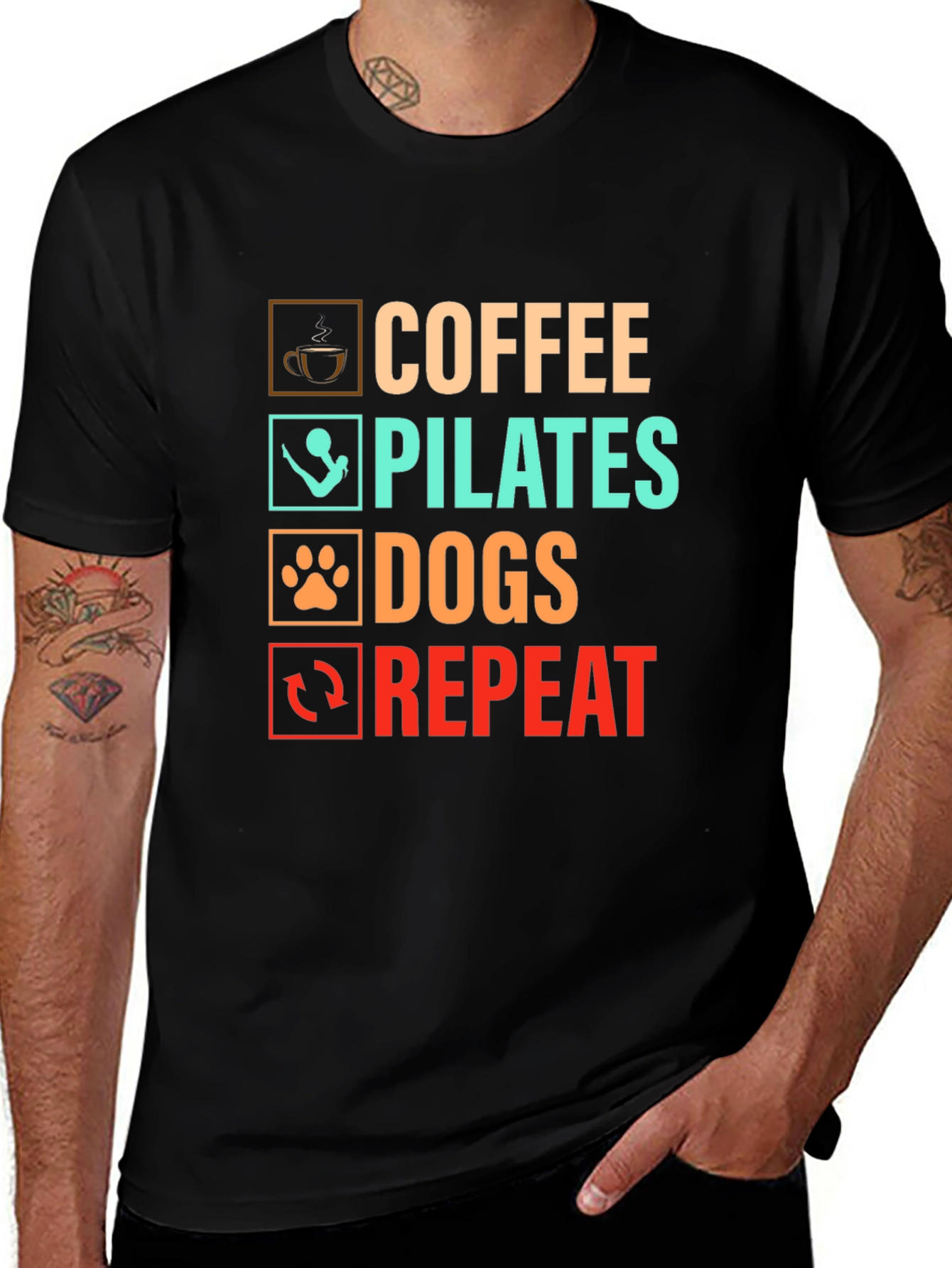 Coffee Pilates Dogs Repeat Graphic T-Shirt