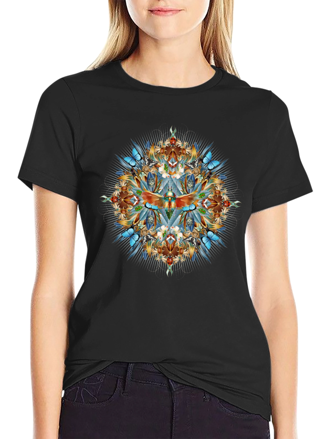 Intricate Dragonfly Graphic Print Black T-Shirt