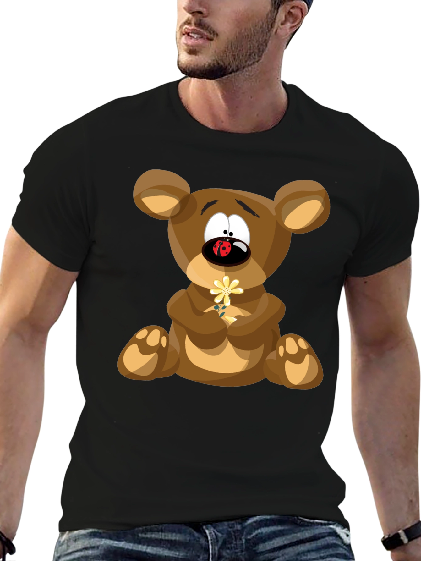 Cartoon Teddy Bear Graphic Tee - Black