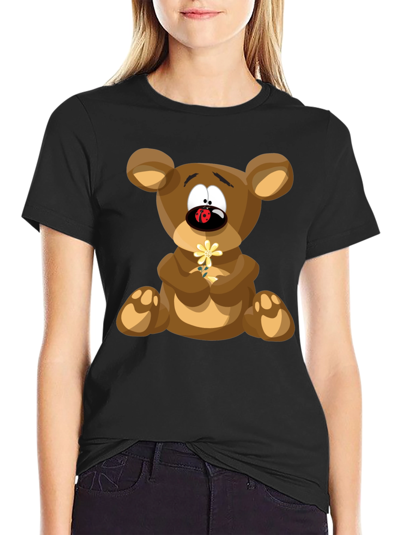 Cartoon Teddy Bear Graphic Tee - Black