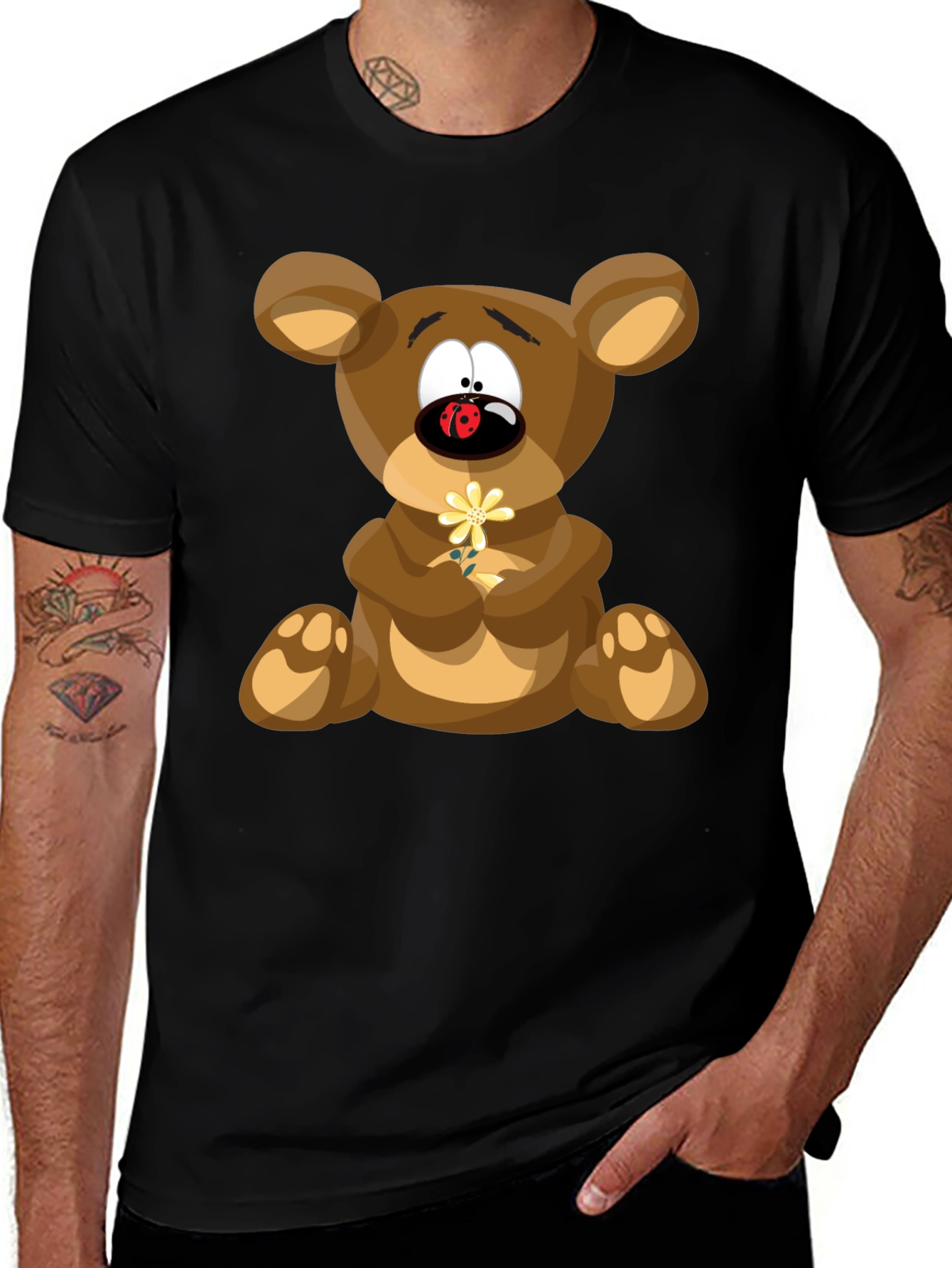 Cartoon Teddy Bear Graphic Tee - Black