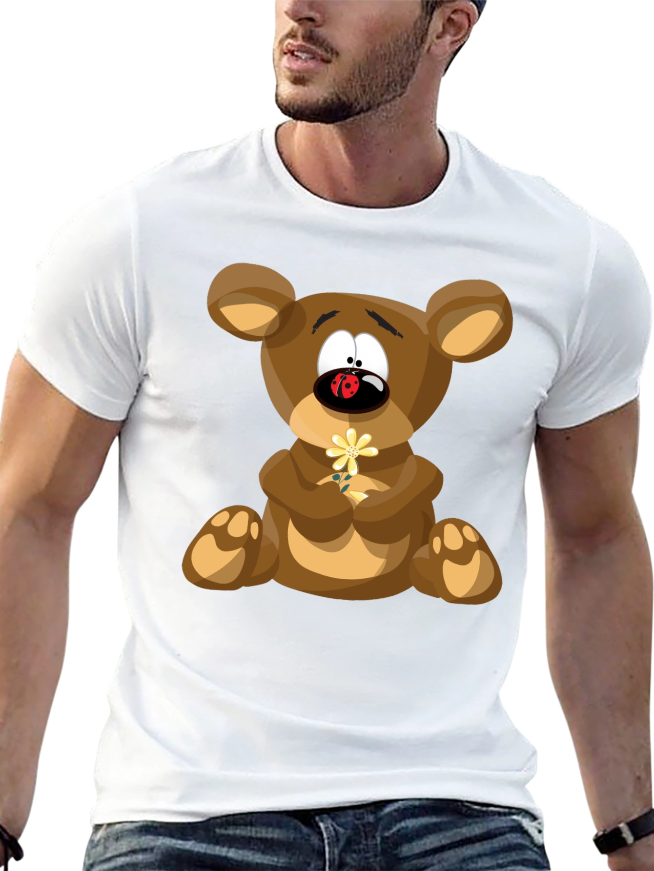 Cartoon Teddy Bear Graphic Tee - Black