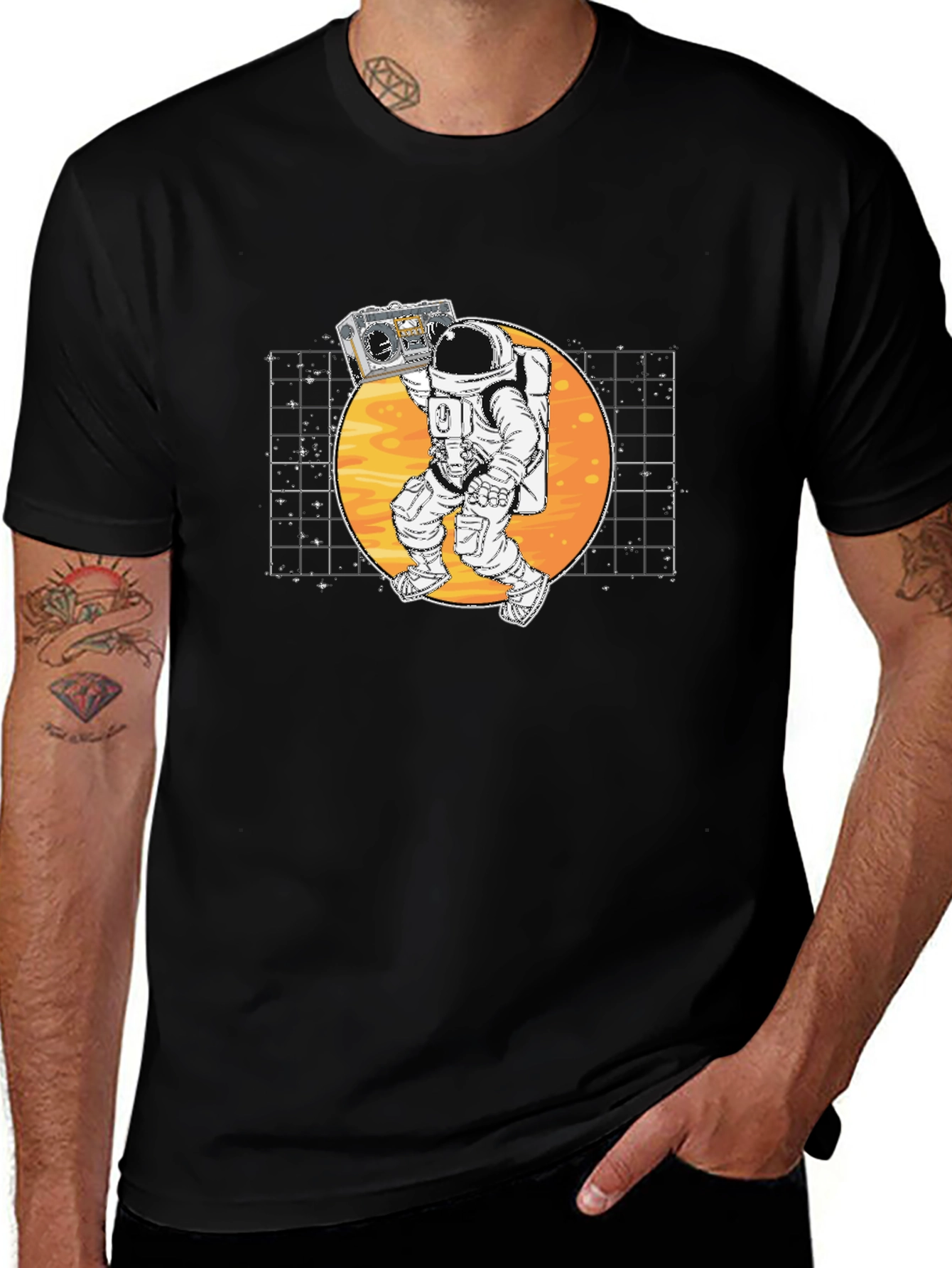 Astronaut Boombox Graphic T-Shirt - Retro Space Design