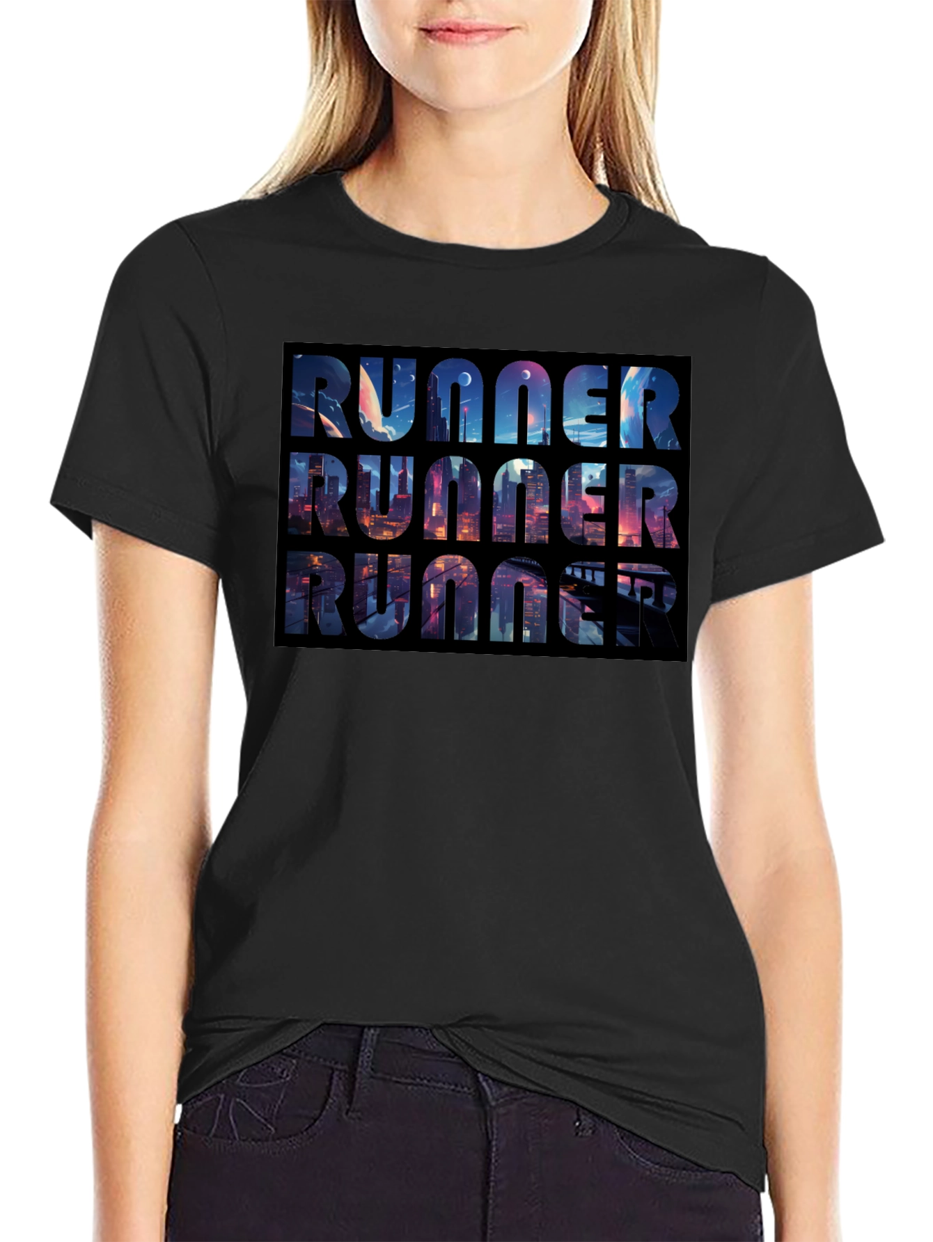 Runner Black T-Shirt Cityscape Design