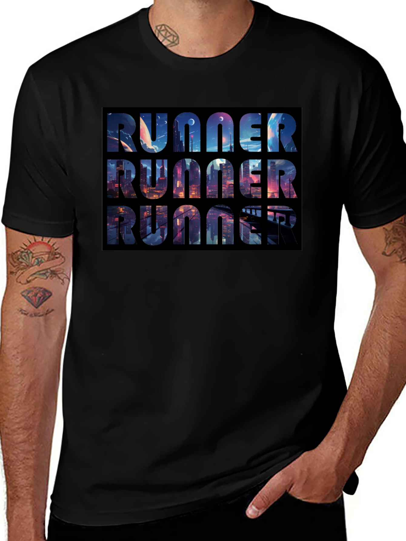 Runner Black T-Shirt Cityscape Design