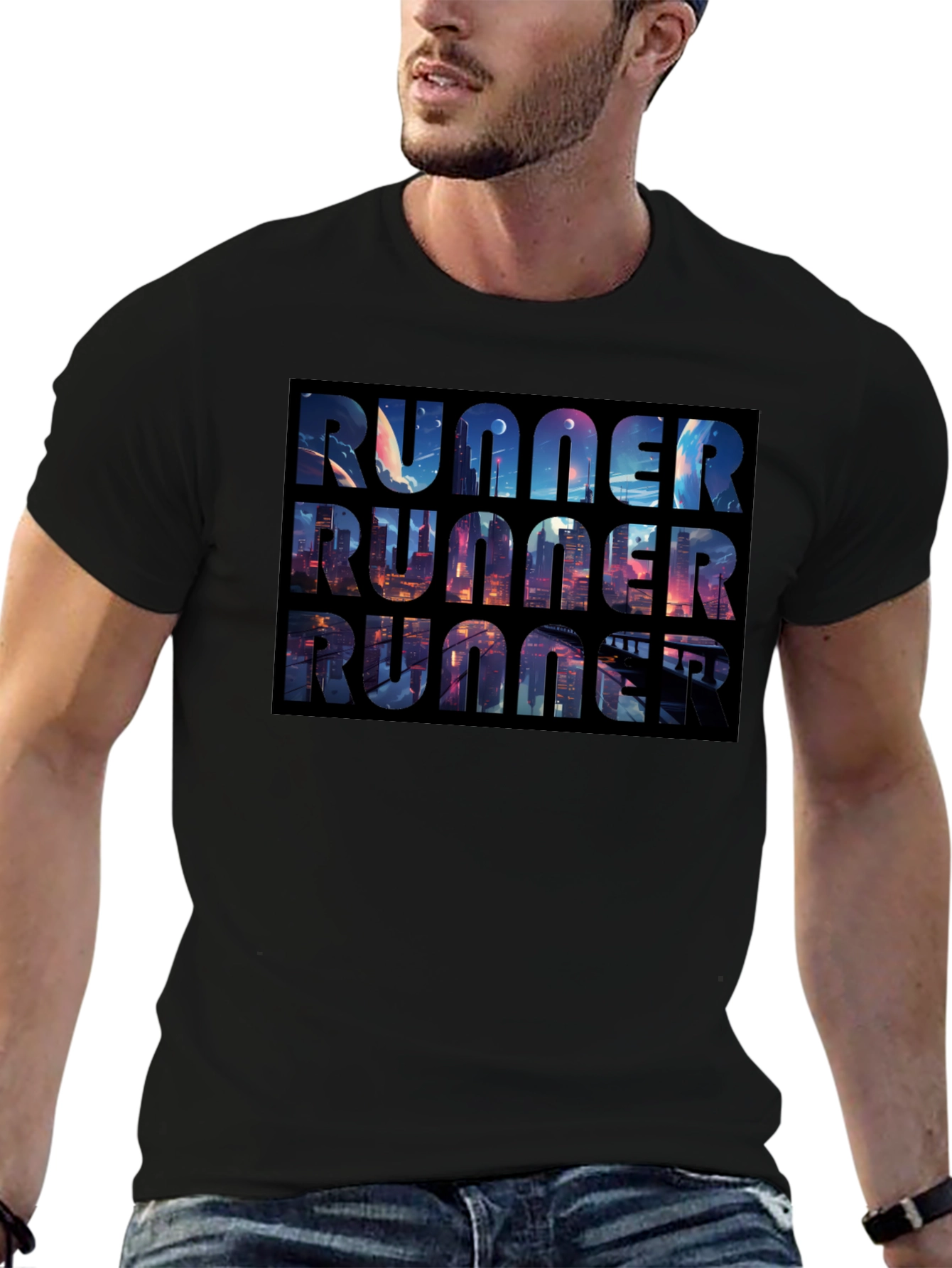 Runner Black T-Shirt Cityscape Design