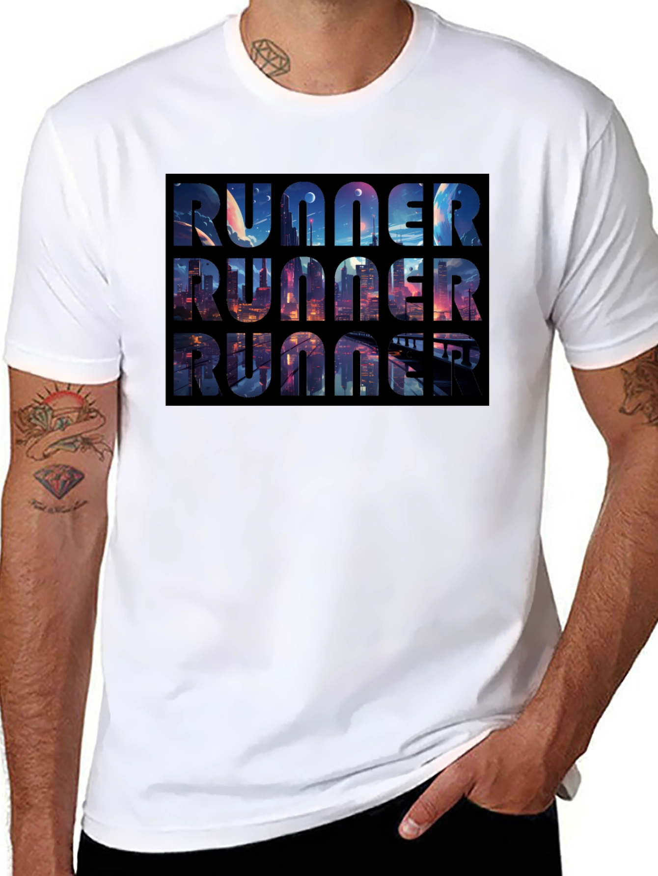Runner Black T-Shirt Cityscape Design