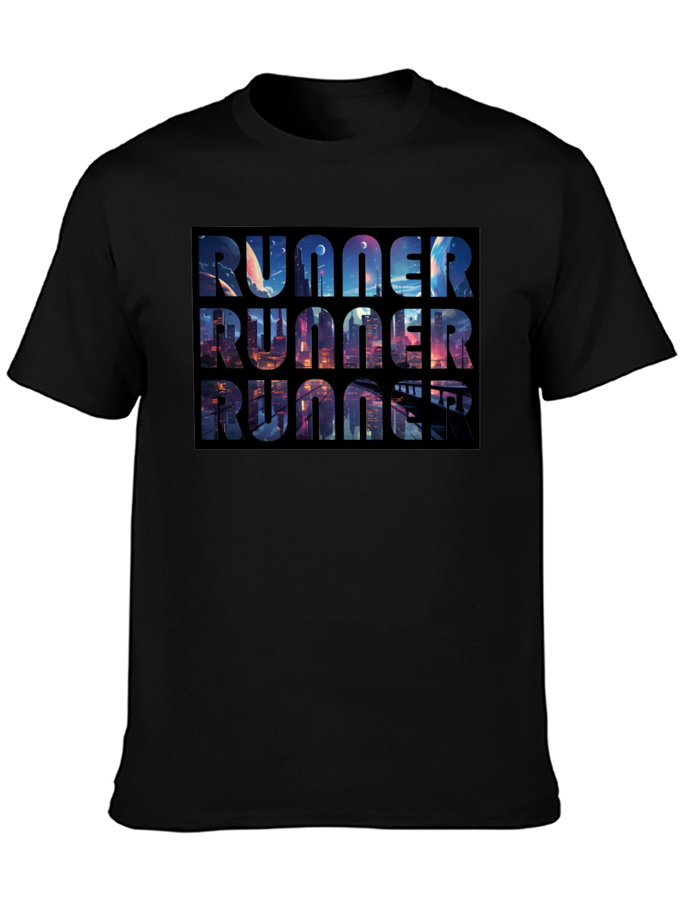 Runner Black T-Shirt Cityscape Design