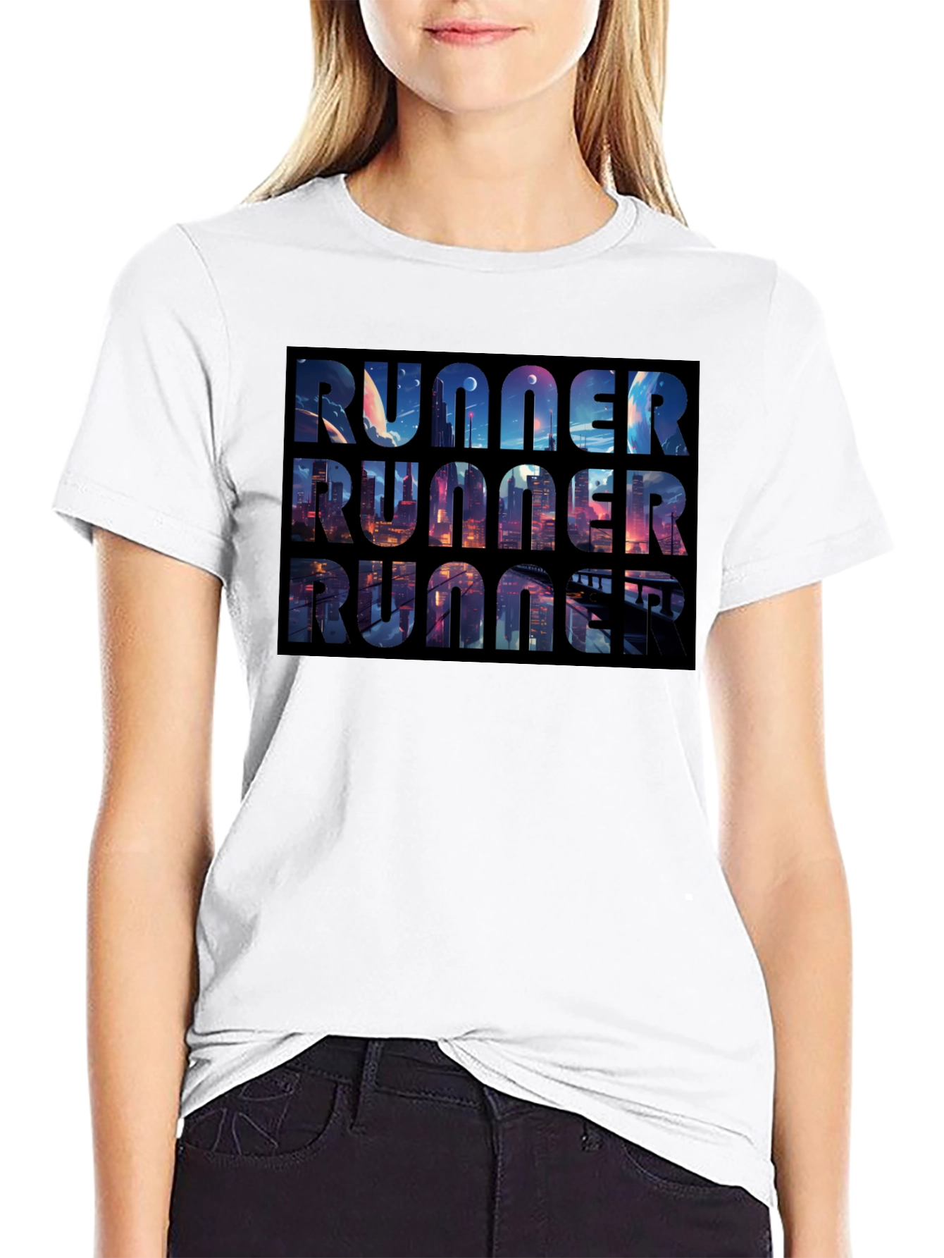 Runner Black T-Shirt Cityscape Design