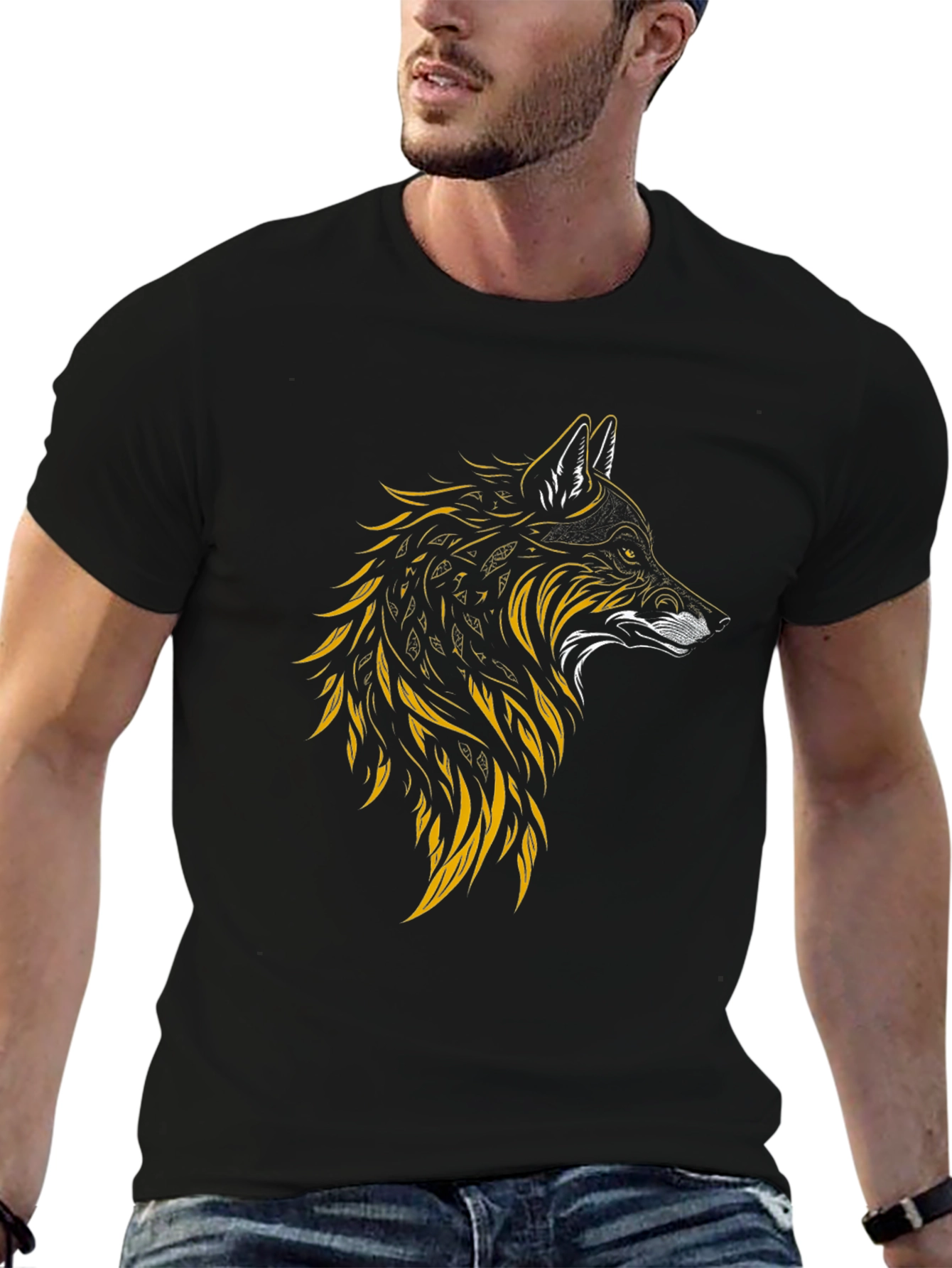 Wolf Graphic Print Tee - Stylish Mens Black T-Shirt