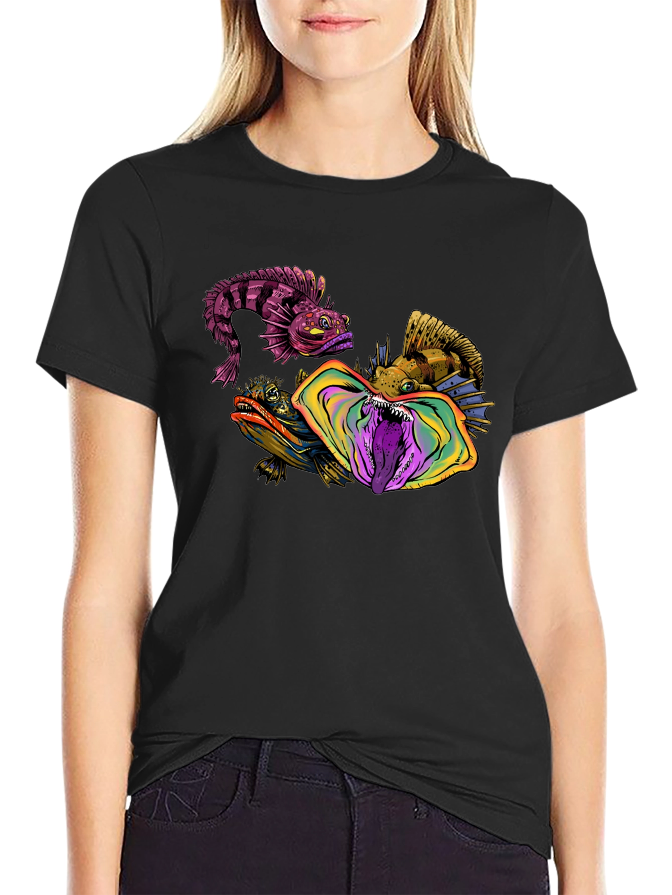 Unique Fish Graphic Print Black Tee