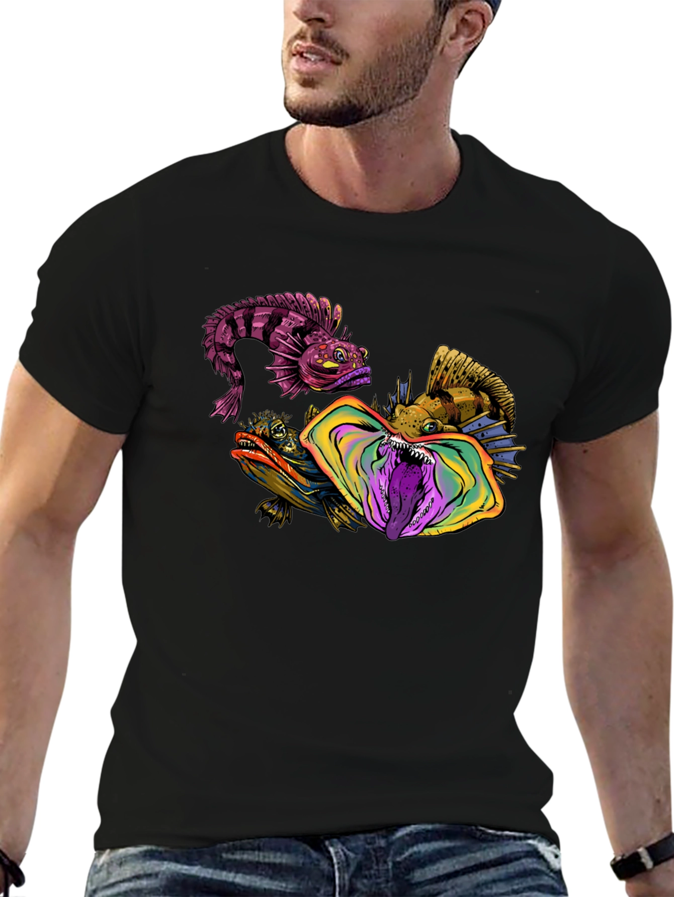 Unique Fish Graphic Print Black Tee