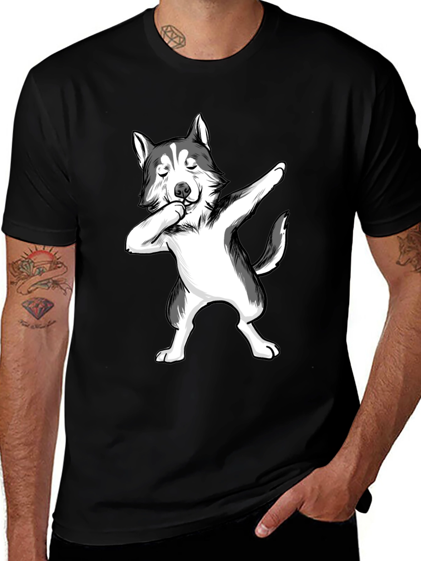 Dabbing Husky T-Shirt - Black Crew Neck Tee