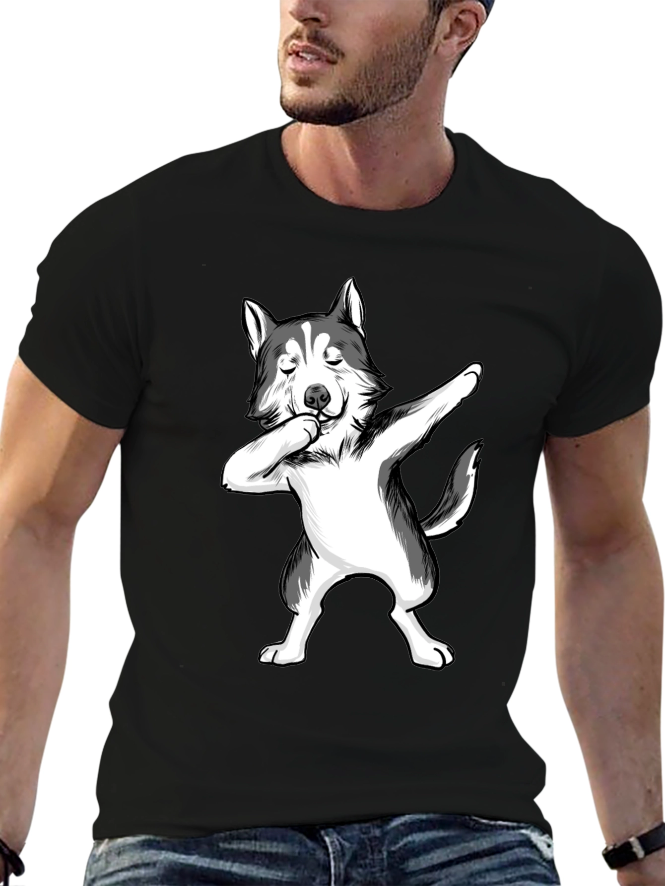 Dabbing Husky T-Shirt - Black Crew Neck Tee