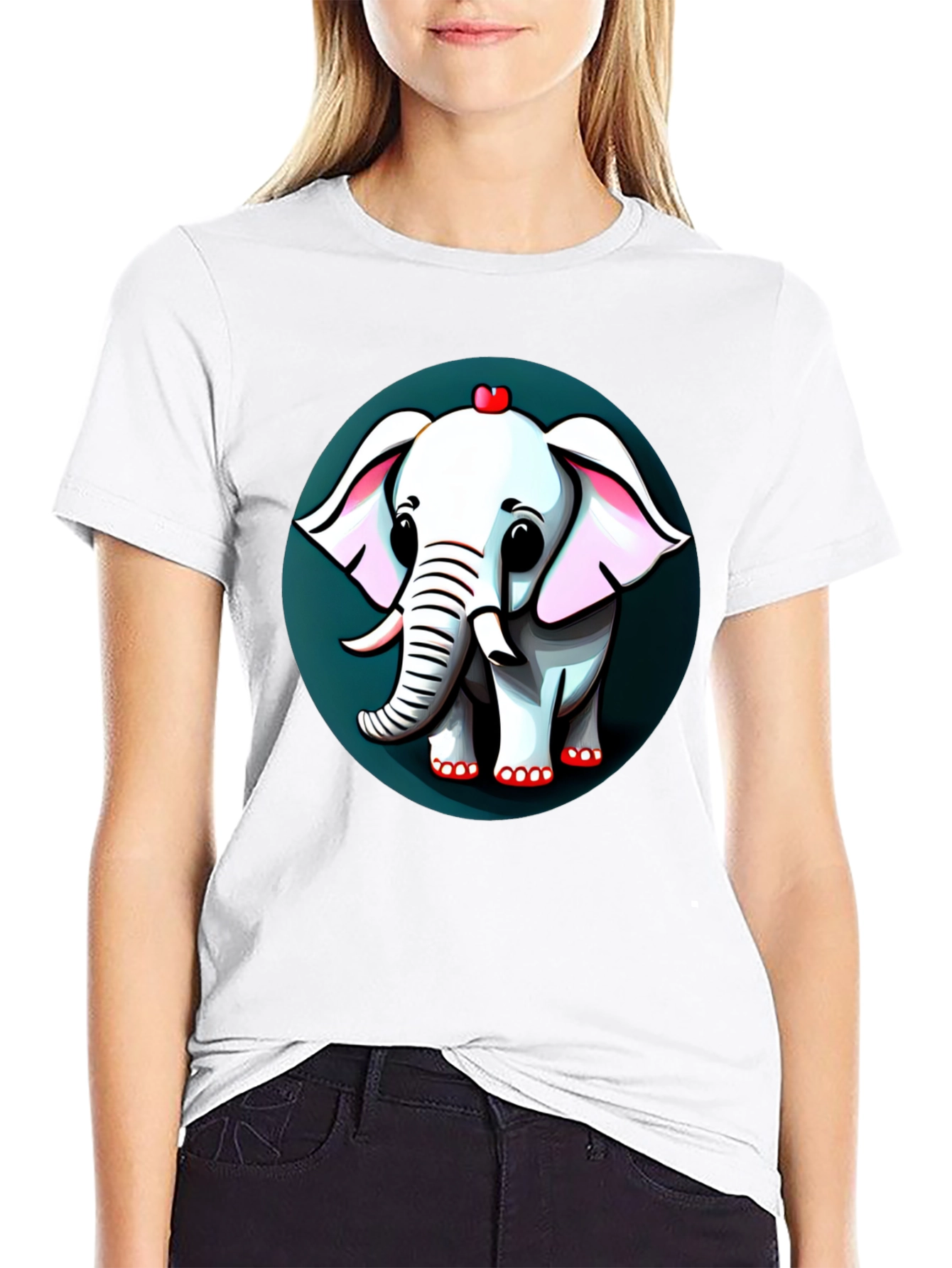 Cute Elephant Cartoon Graphic Tee - Black