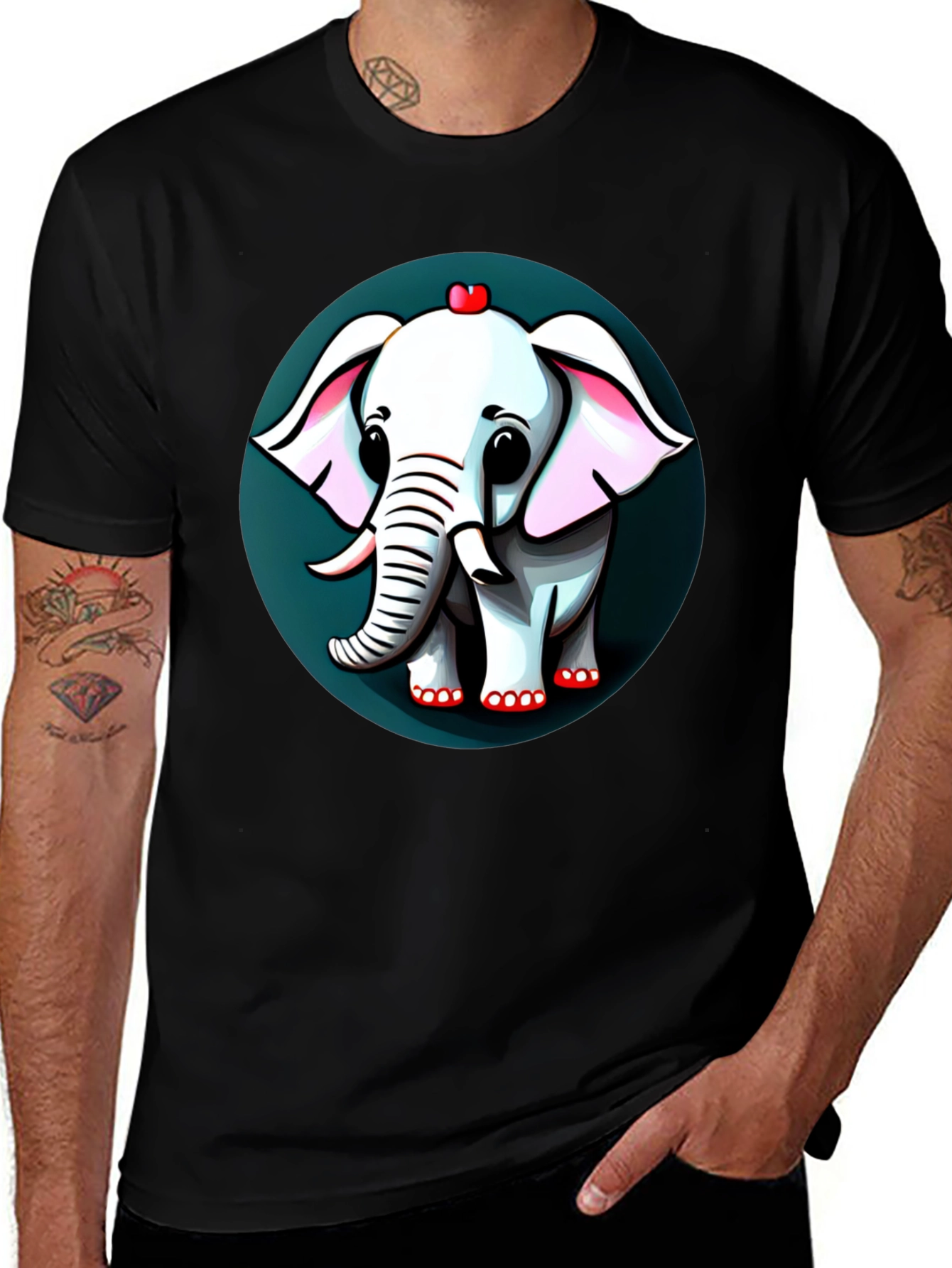Cute Elephant Cartoon Graphic Tee - Black