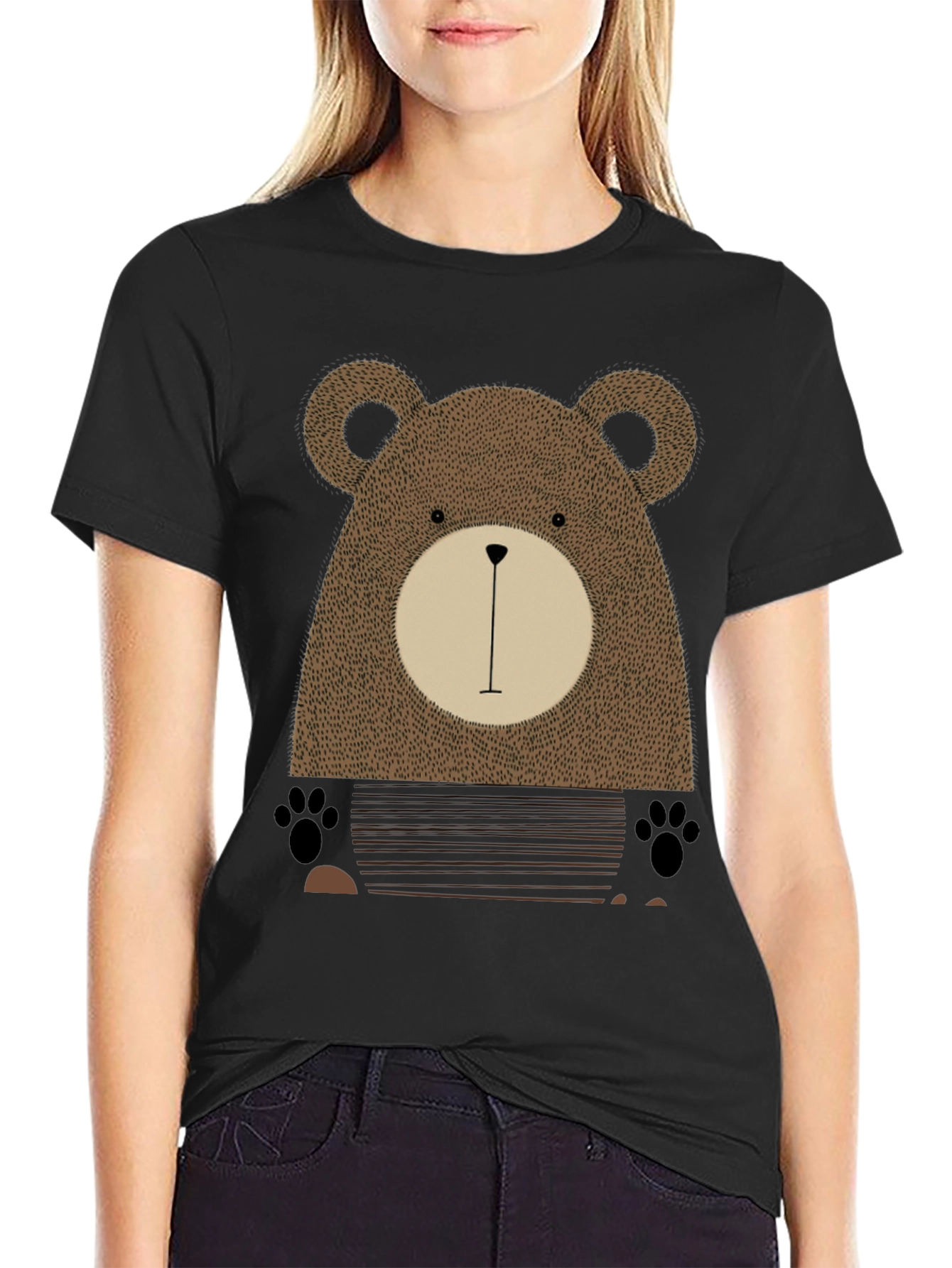 Cute Bear Graphic Print Black T-Shirt