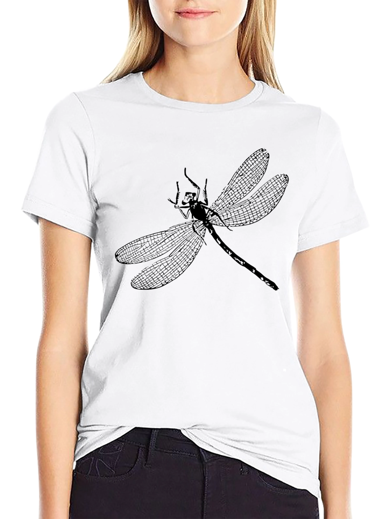Dragonfly Print Black Cotton Tee