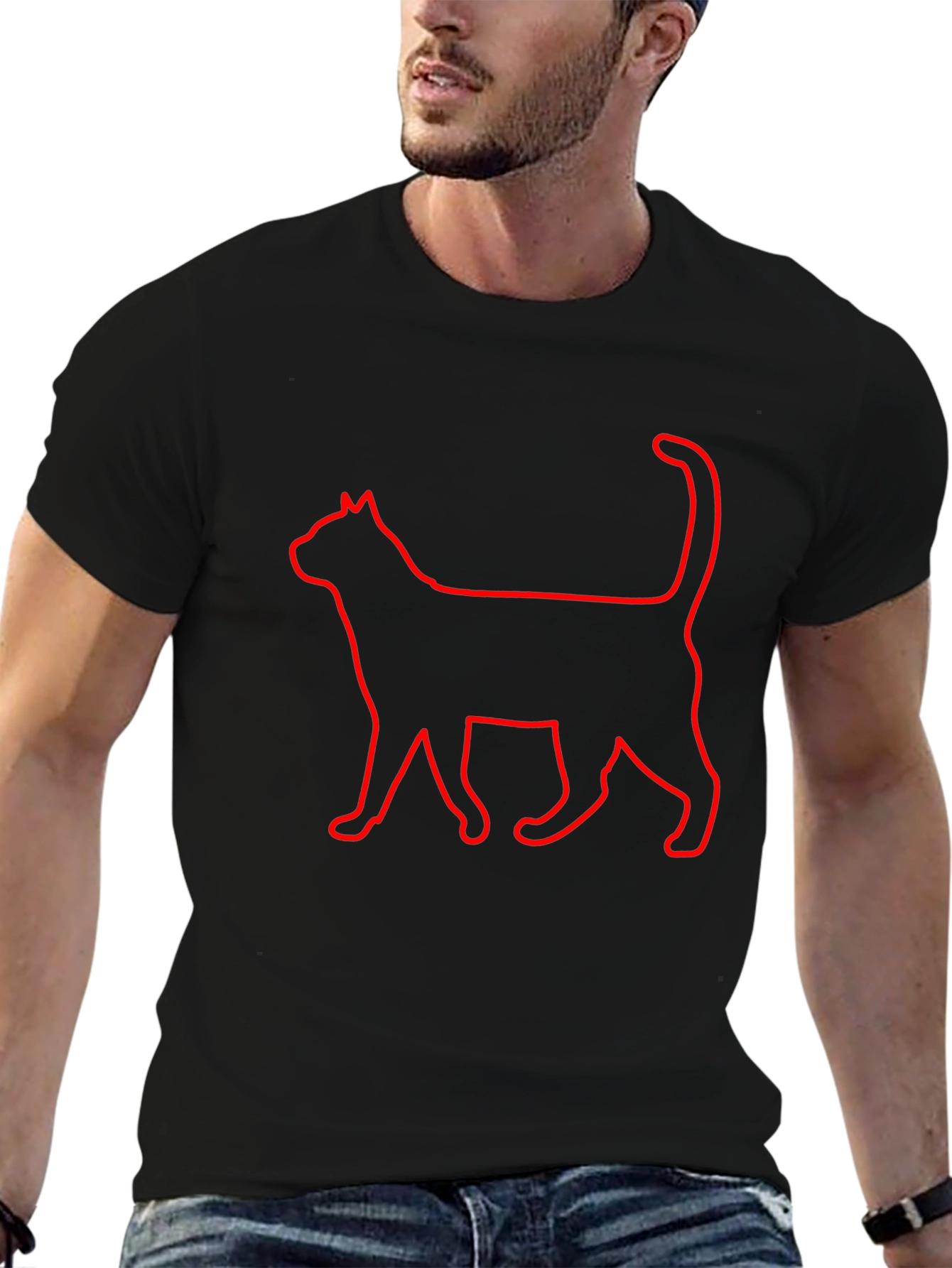 Cool Cat Outline T-Shirt - Black