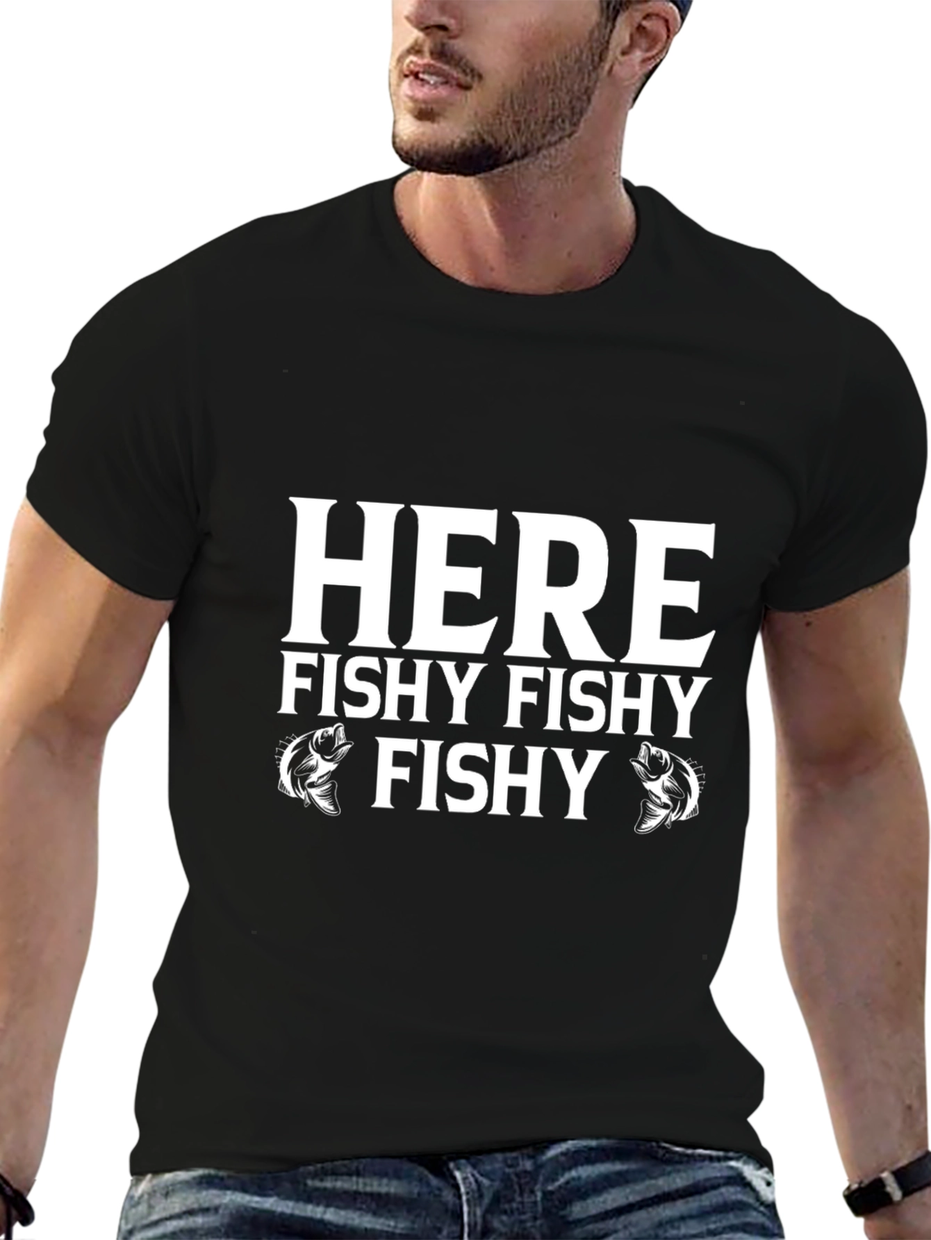 Here Fishy Fishy Fishing T-Shirt - Black Cotton Tee