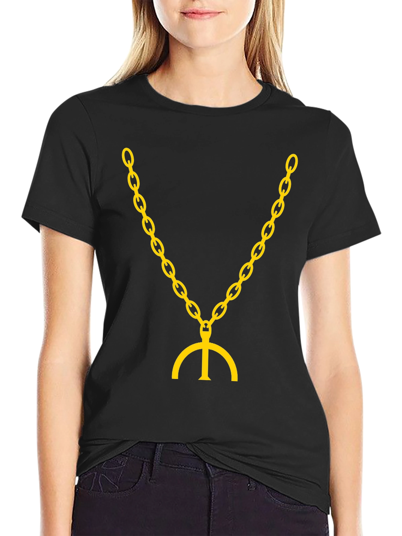 Black T-Shirt with Gold Chain & Symbol Graphic