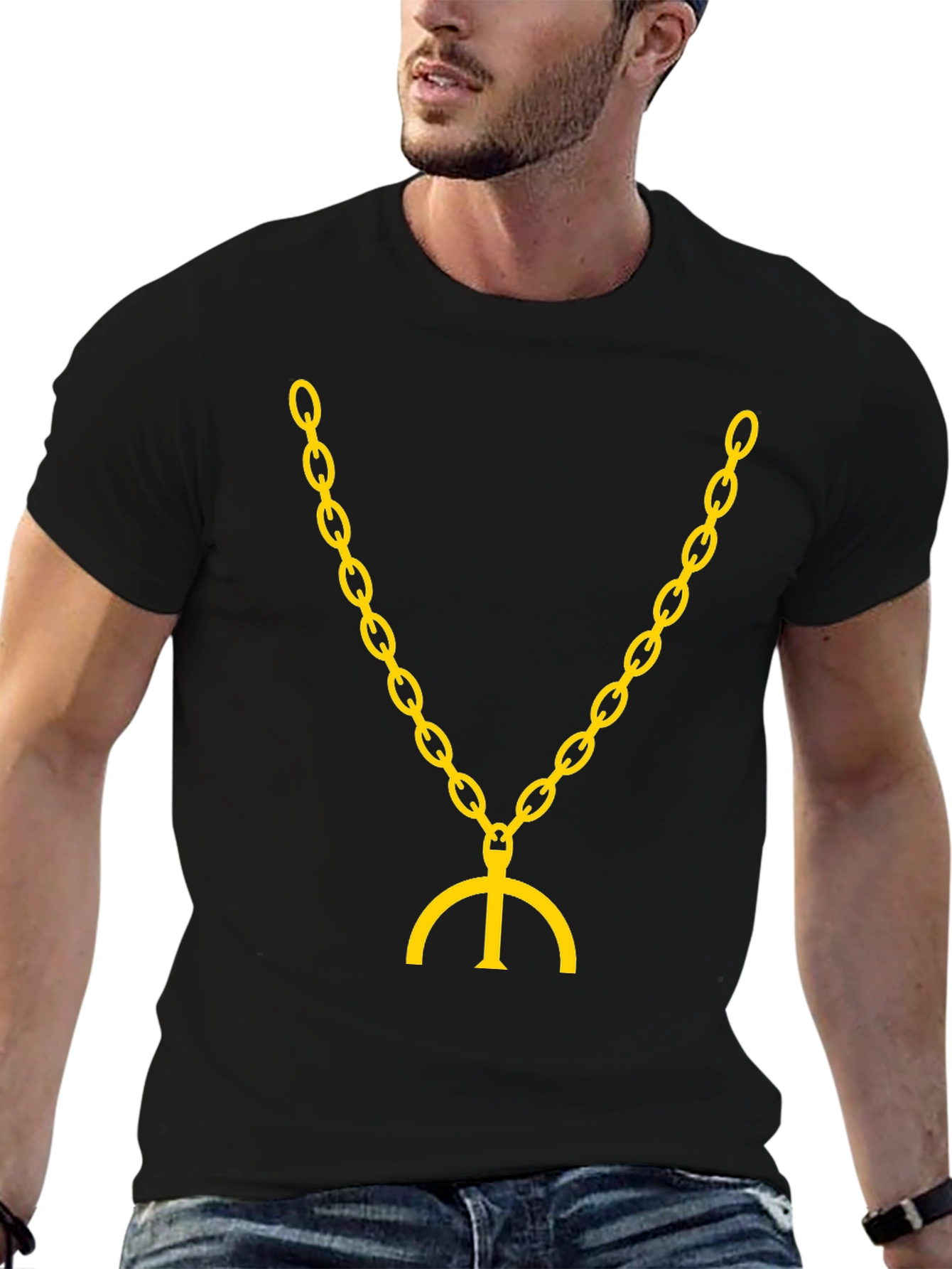 Black T-Shirt with Gold Chain & Symbol Graphic