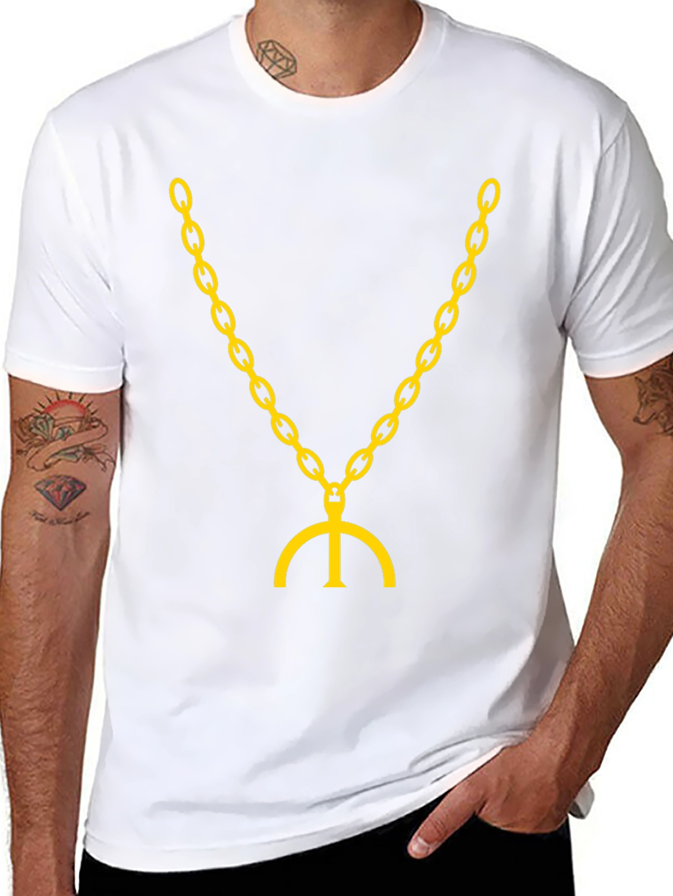 Black T-Shirt with Gold Chain & Symbol Graphic