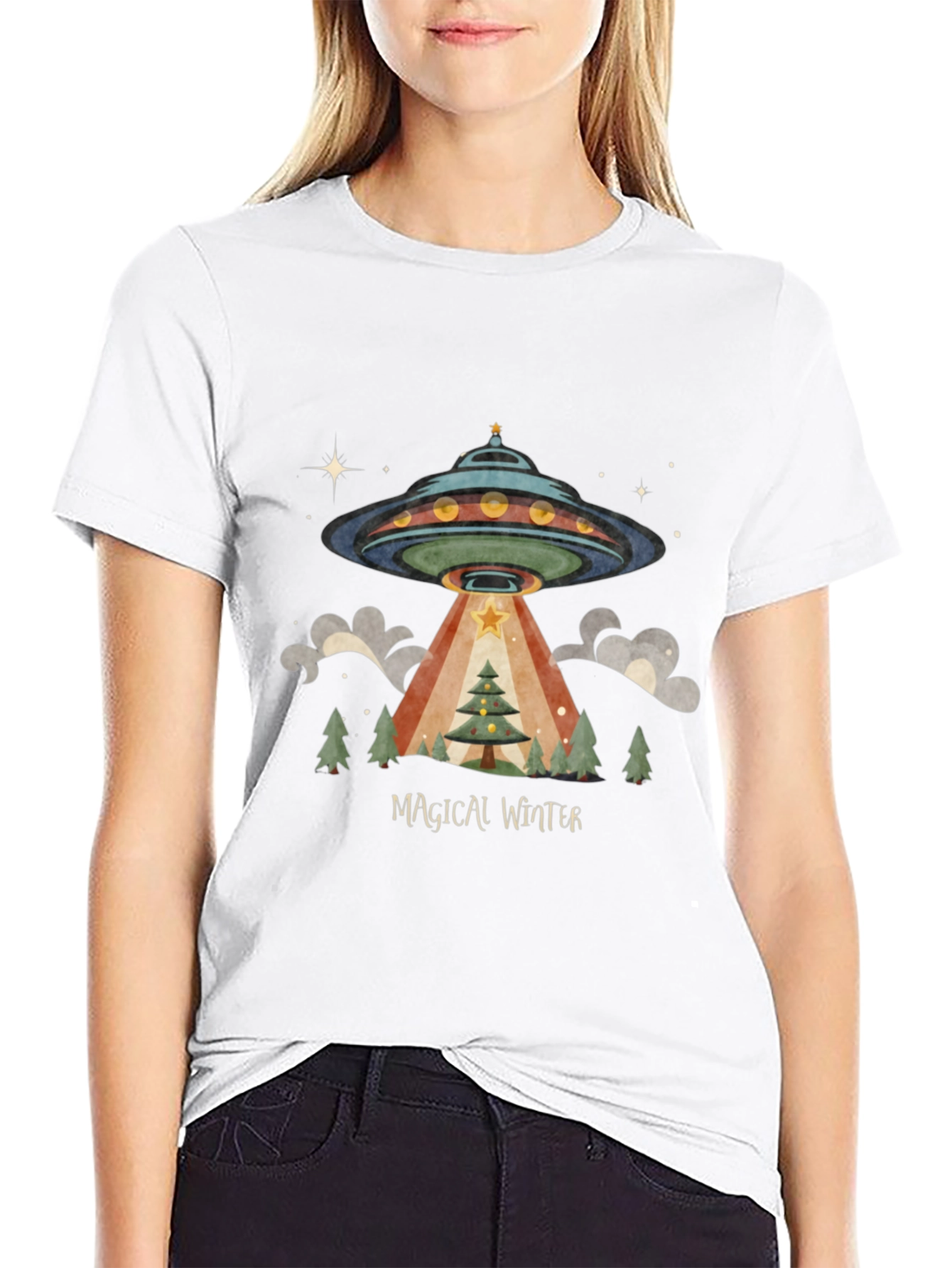 Magical Winter Alien UFO Christmas Tree T-Shirt