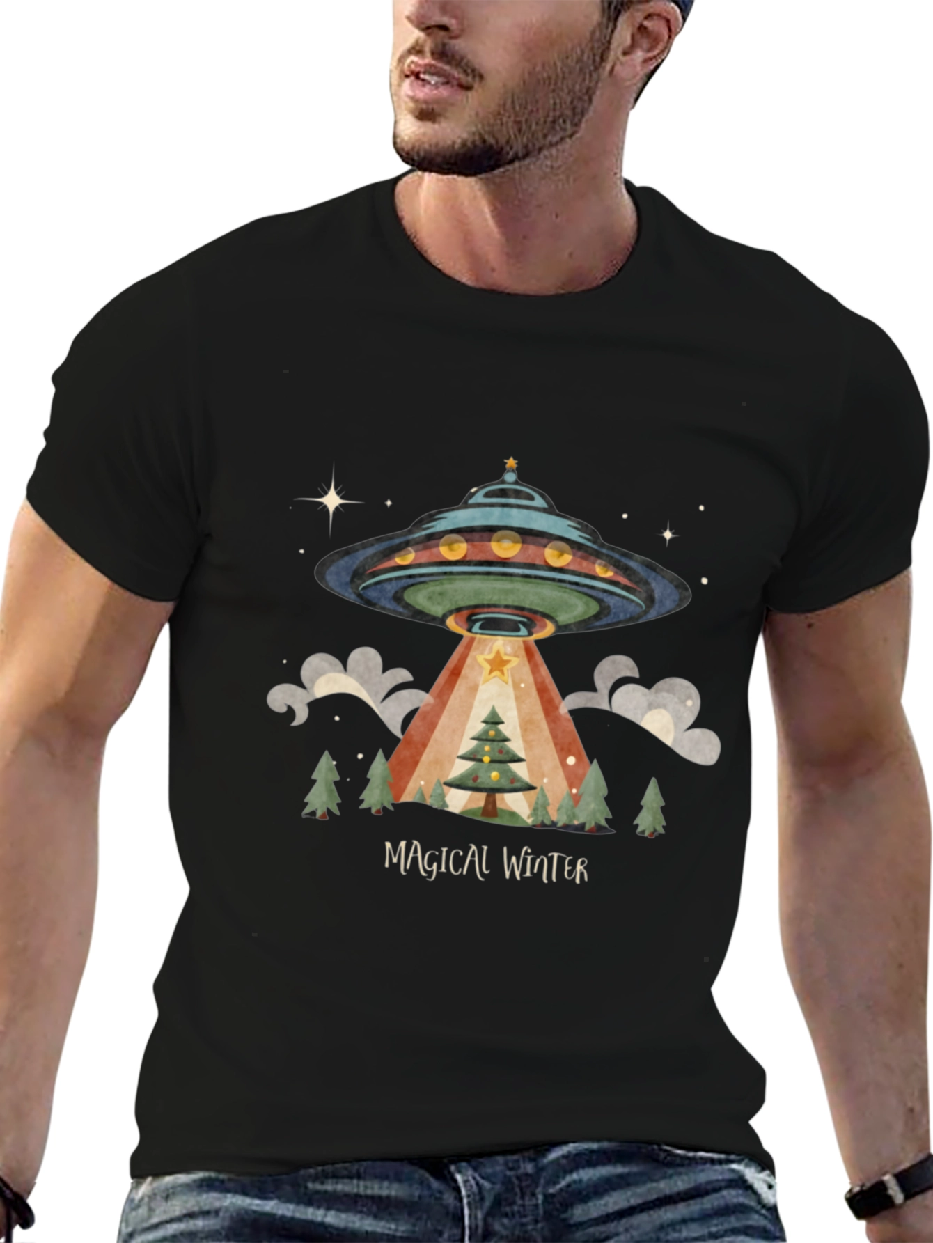 Magical Winter Alien UFO Christmas Tree T-Shirt