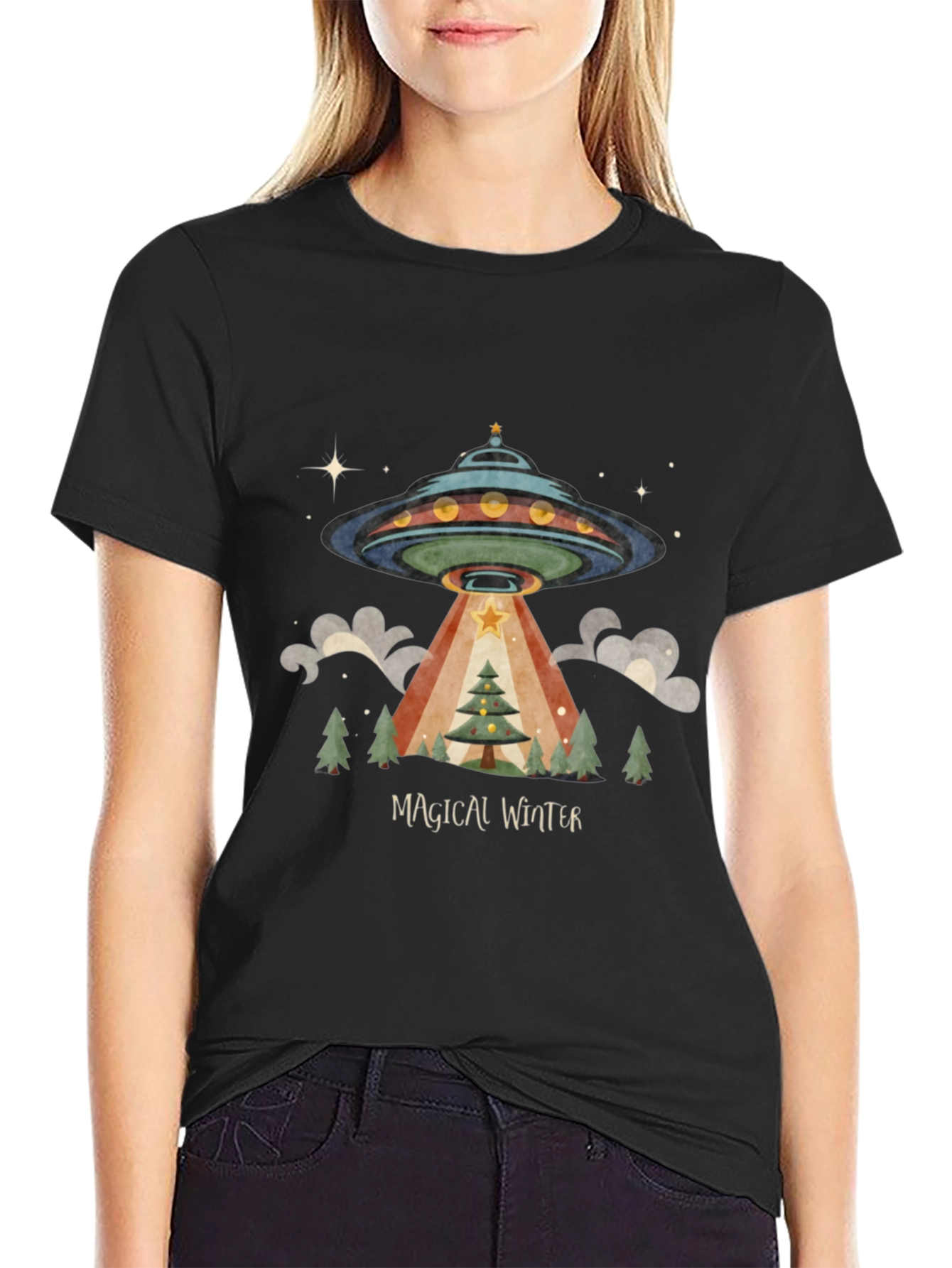 Magical Winter Alien UFO Christmas Tree T-Shirt