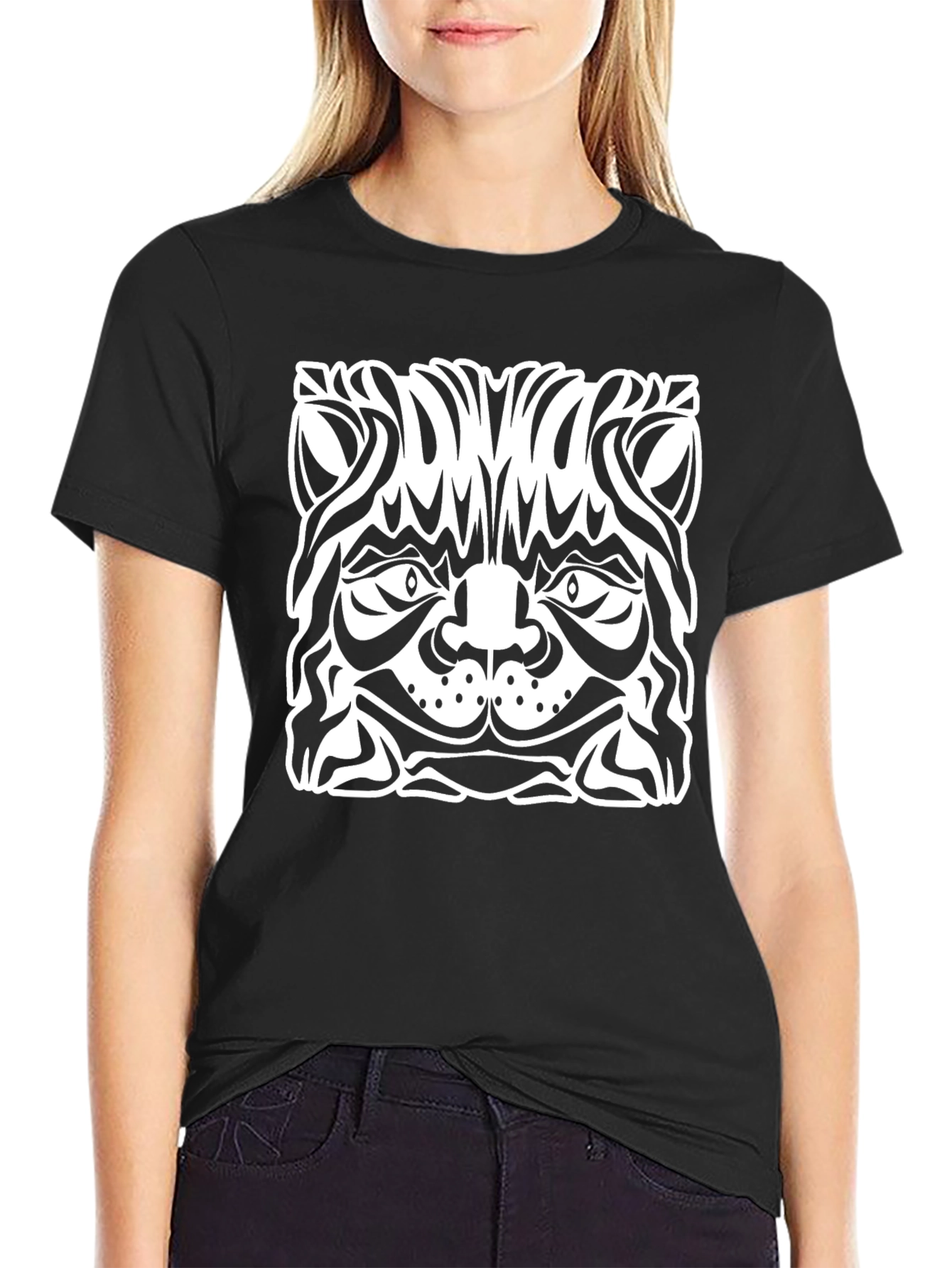 Abstract Cat Graphic Black T-Shirt
