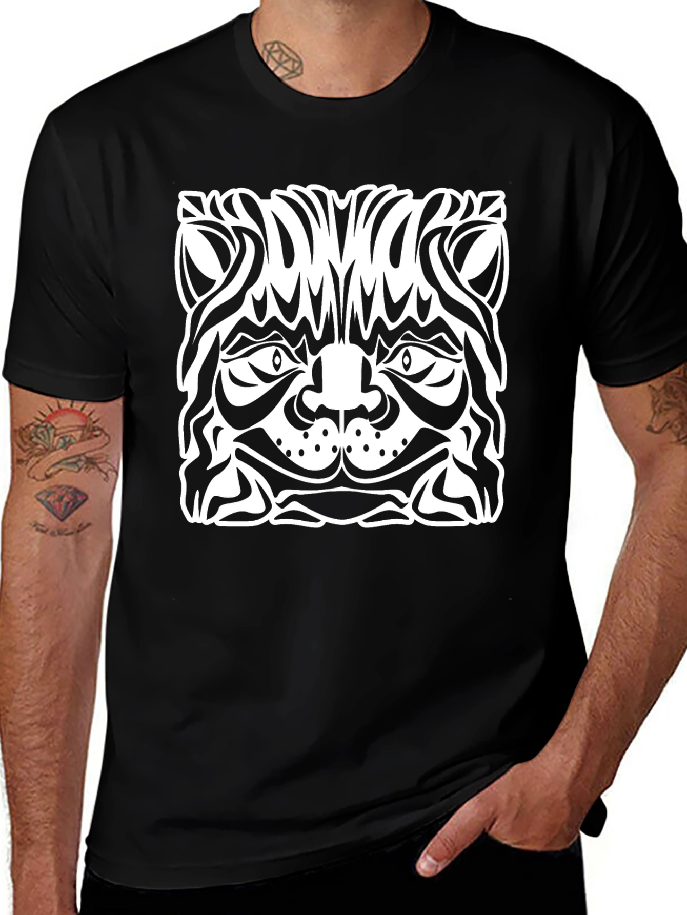 Abstract Cat Graphic Black T-Shirt
